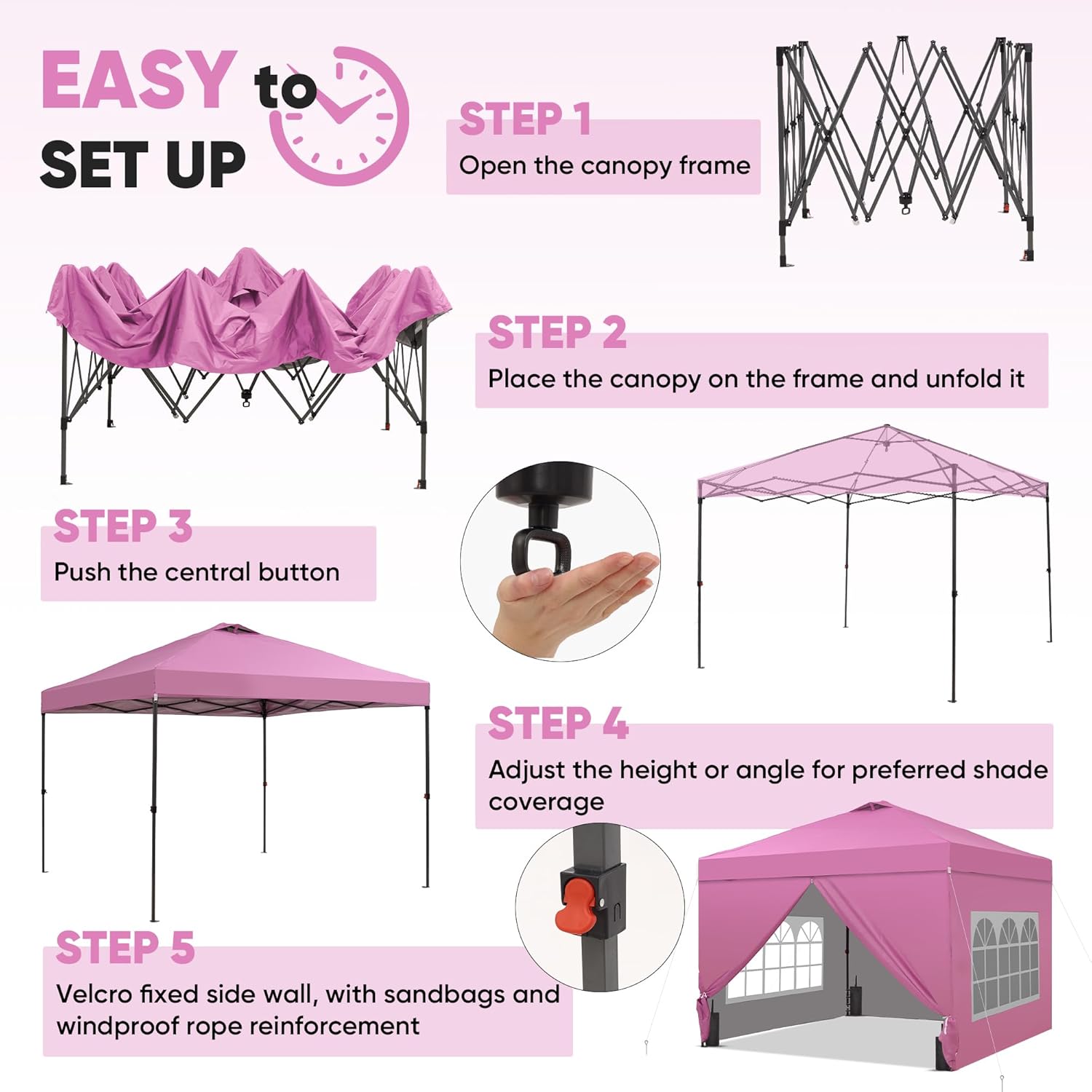 GDY 10x10 Pop Up Canopy Tent with 4 Sidewalls, Easy Set up with One Push Lift Outdoor Silver Coated Beach Gazebos, Carpas with 4 Sandbags, for Outdoor, Parties,Camping, Pink.