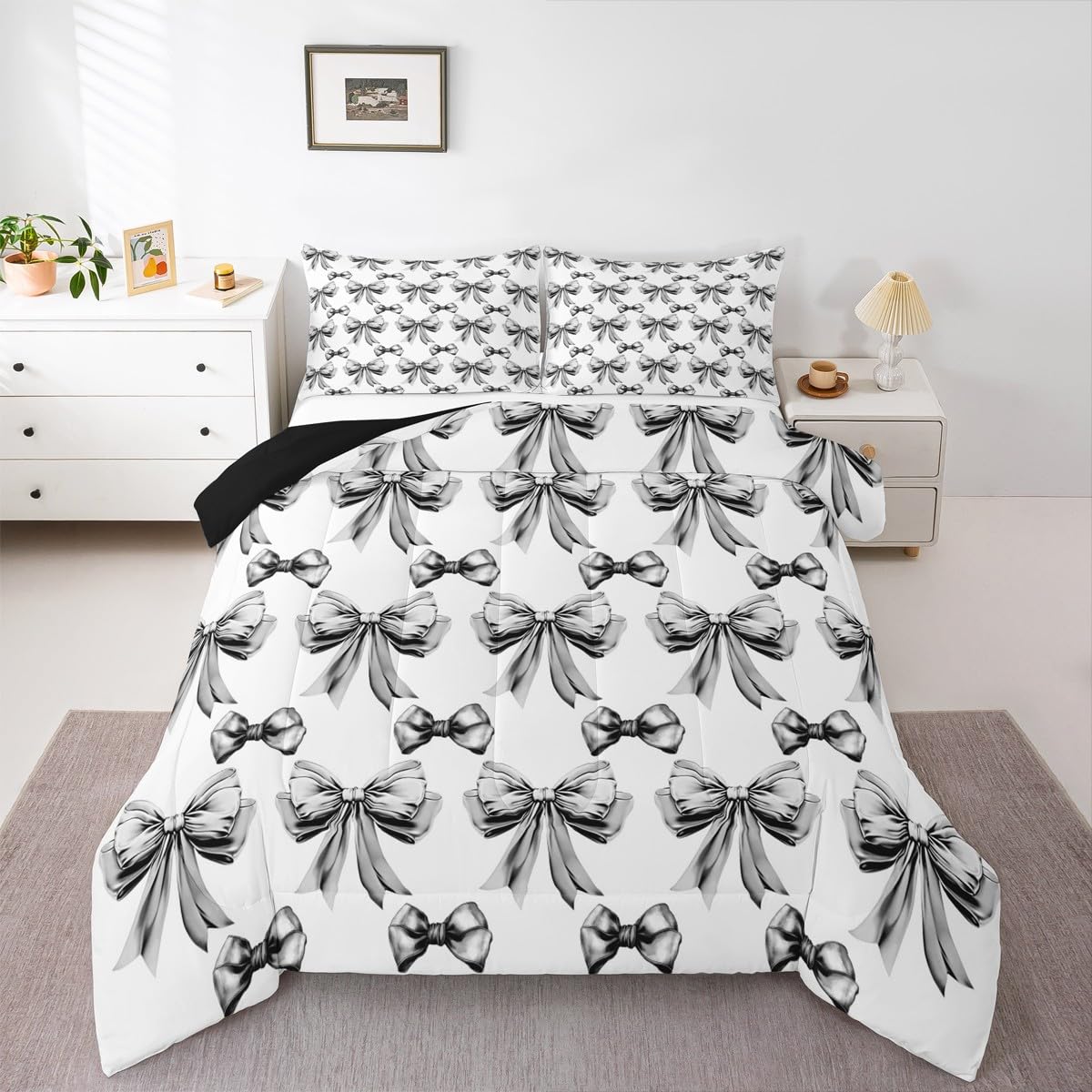 Erosebridal Black Bow Full Comforter Set for Girls - Bows Bowtie Bedding Set for Kids Teen, Black and White Bow Knot Quilt, Princess Ribbons Coquette Bedroom Decor with 2 Pillowcases