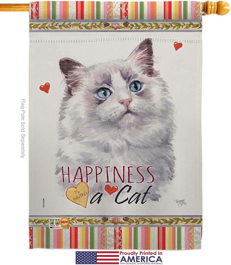 Bicolor Ragdoll Happiness House Flag Animals Cat Kitten Meow Spoiled Paw Fur Pet Nature Farm Animal Creature Small Decorative Gift Yard Banner Made In USA 28 X 40