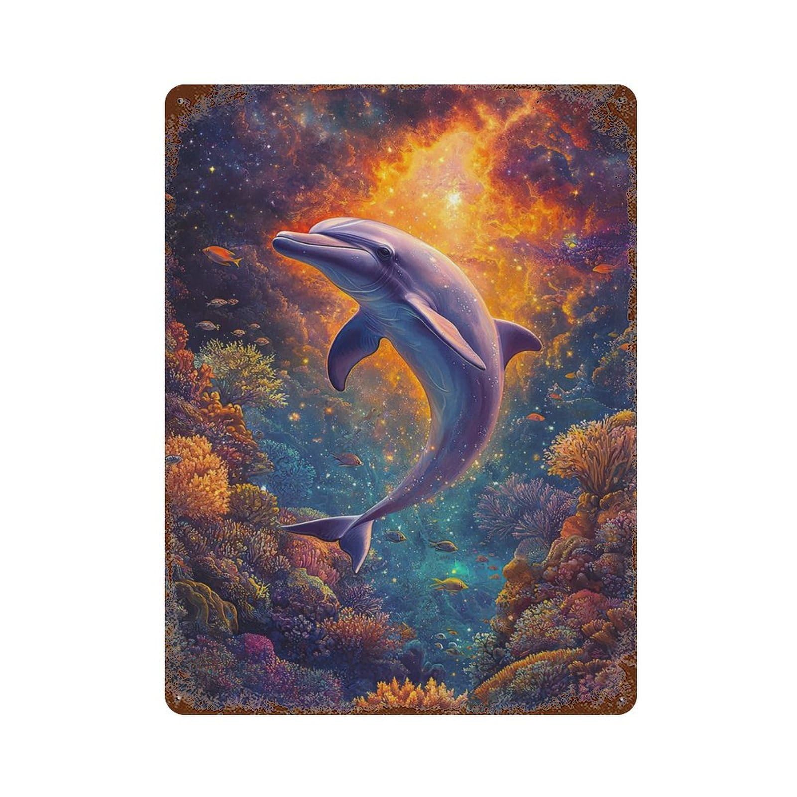 Dolphin in Space Rusty Metal Tin Sign 15.7"x11.8", Ideal for Farmhouse, Kitchen And Entryway Decor