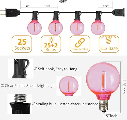 Miniatura 5 de Guirnalda de luces LED para exteriores de 40 pies, impermeables, G40, luces LED para exteriores para patio con 27 bombillas Edison vintage