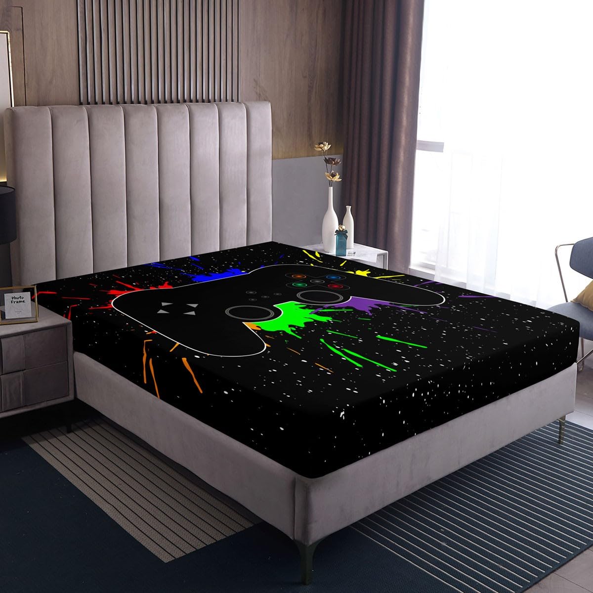 Jungen Gaming Galaxy Spannbetttuch 90x200x30 Kinderspielzimmer Bettwäsche Sets Aquarell Tie Dye Gamer Videospiele Druckbett Bettlaken Kinder Mädchen Schlafzimmer Dekor Bettwäsche