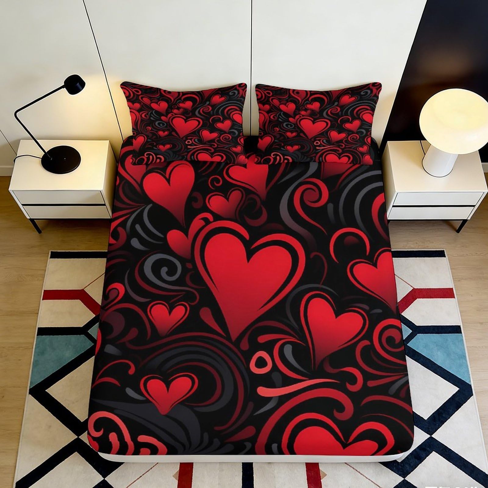 3D Printed Red Heart Pattern Fitted Sheet Microfiber Soft Black Swirl Mattress Cover for Bedroom Guestroom Decor 90x200x25cm