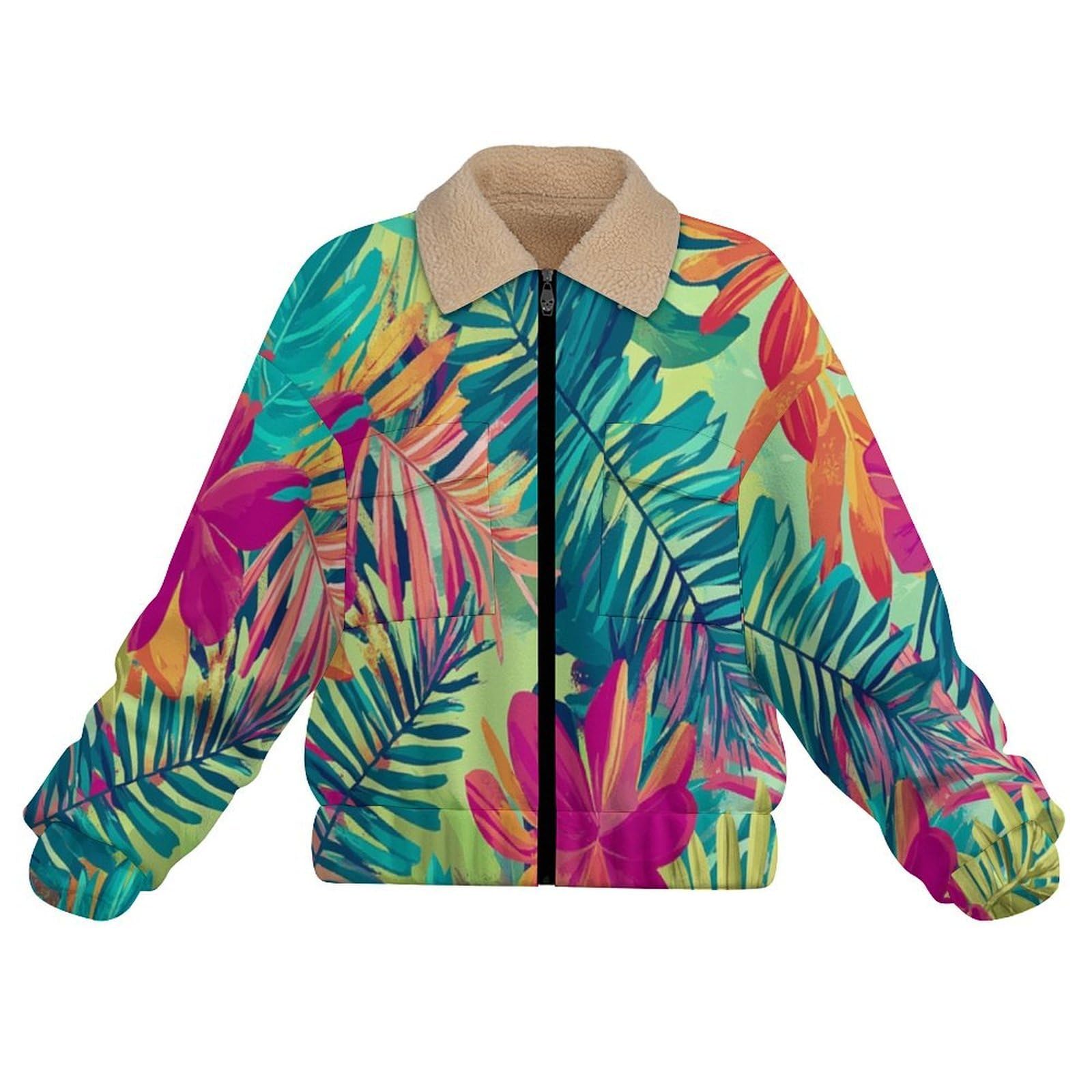 Giacca da Donna Pile con Zip, Giacche Giacca piante tropicali Teddy Versione, Loose del astratto Cappotto a Maniche Lunghe Autunno e Inverno Caldo Cappotto