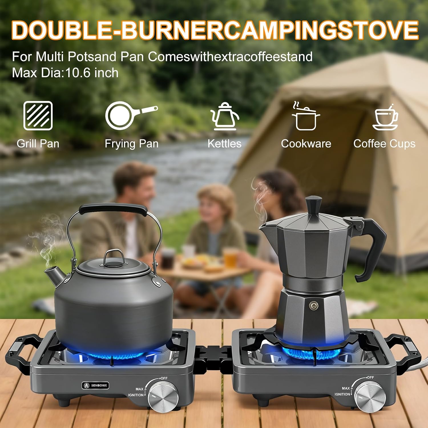 2-Burner Pro Camping Stove,24000 BTU Camp Stove,Foldable Propane Stove Includes Carry Bag,Windscreen Griddle, Portable Stove,Camping Essentials,Suitable For Outdoor Cooking (Gray) image 5