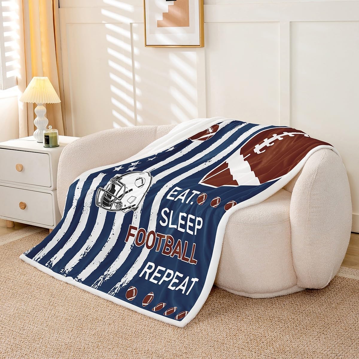 Feelyou Football Kids Boys Girls Sherpa Blanket Queen 90"x90" Football City Themed Fleece Throw Blanket Ultra Soft Rugby Helmet Plush Blanket Flag Print Fuzzy Blanket Rugby Game Flannal Blanket