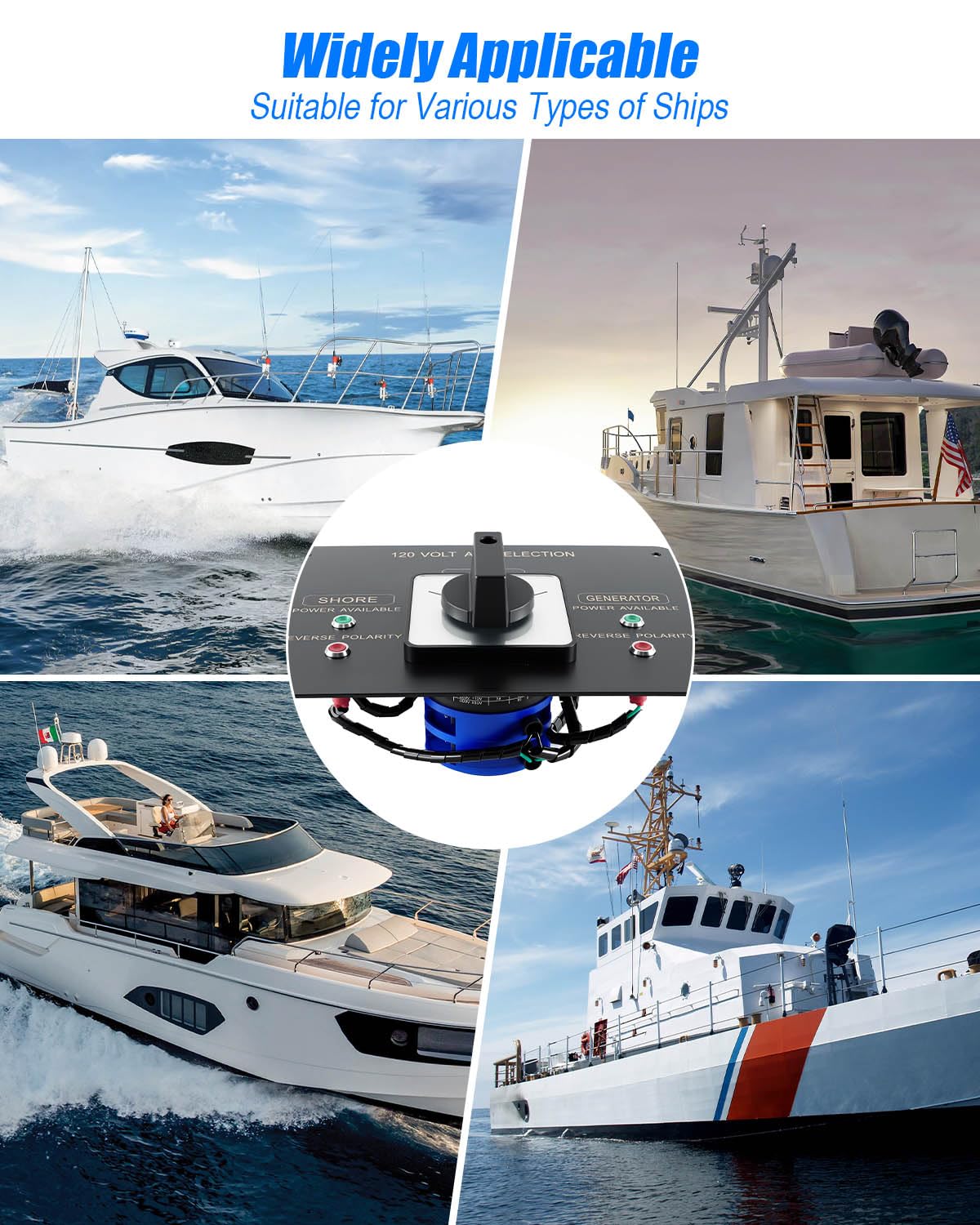 AC Rotary Switch Panel 2 Position 120V 30A, Marine-Grade Selector Switch with Reverse Polarity LED Indicator for Boats Commercial Vessels Yachts