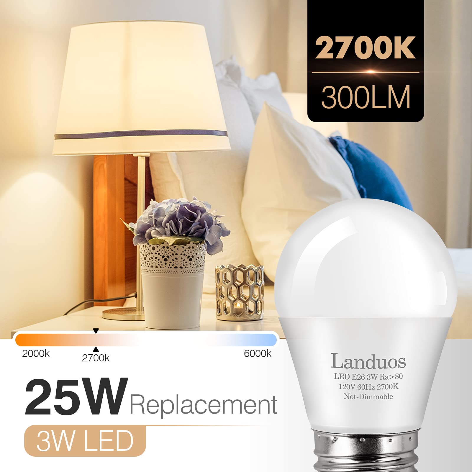 Bombilla LED de 3 W y 25 W, equivalente a bombillas A15, bombilla de mesita de noche, lámpara de mesa, bombilla blanca cálida de 2700 K, LED de bajo consumo E26, base de rosca mediana para el hogar