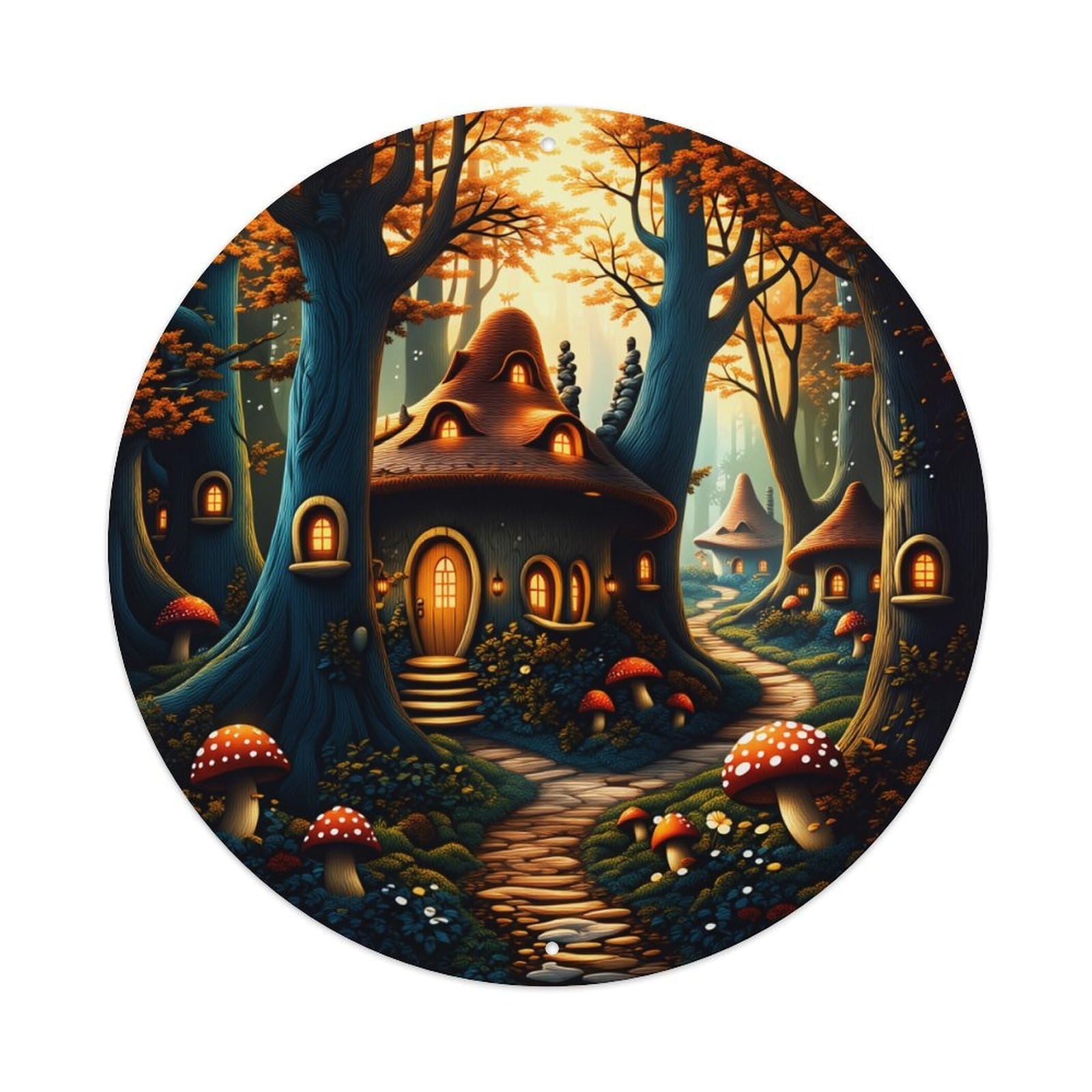 Enchanted Forest Cottage Mushroom Path Autumn Glow Round Vintage Tin Sign,Retro Wall Art,Metal Poster for Home, Bar, Garage, Cafe, Rustic Indoor & Outdoor Decor, 8x8 Inches