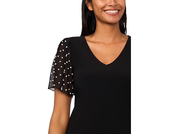 Knit V-Neck Combo Pearl Sleeve Top - Image 1