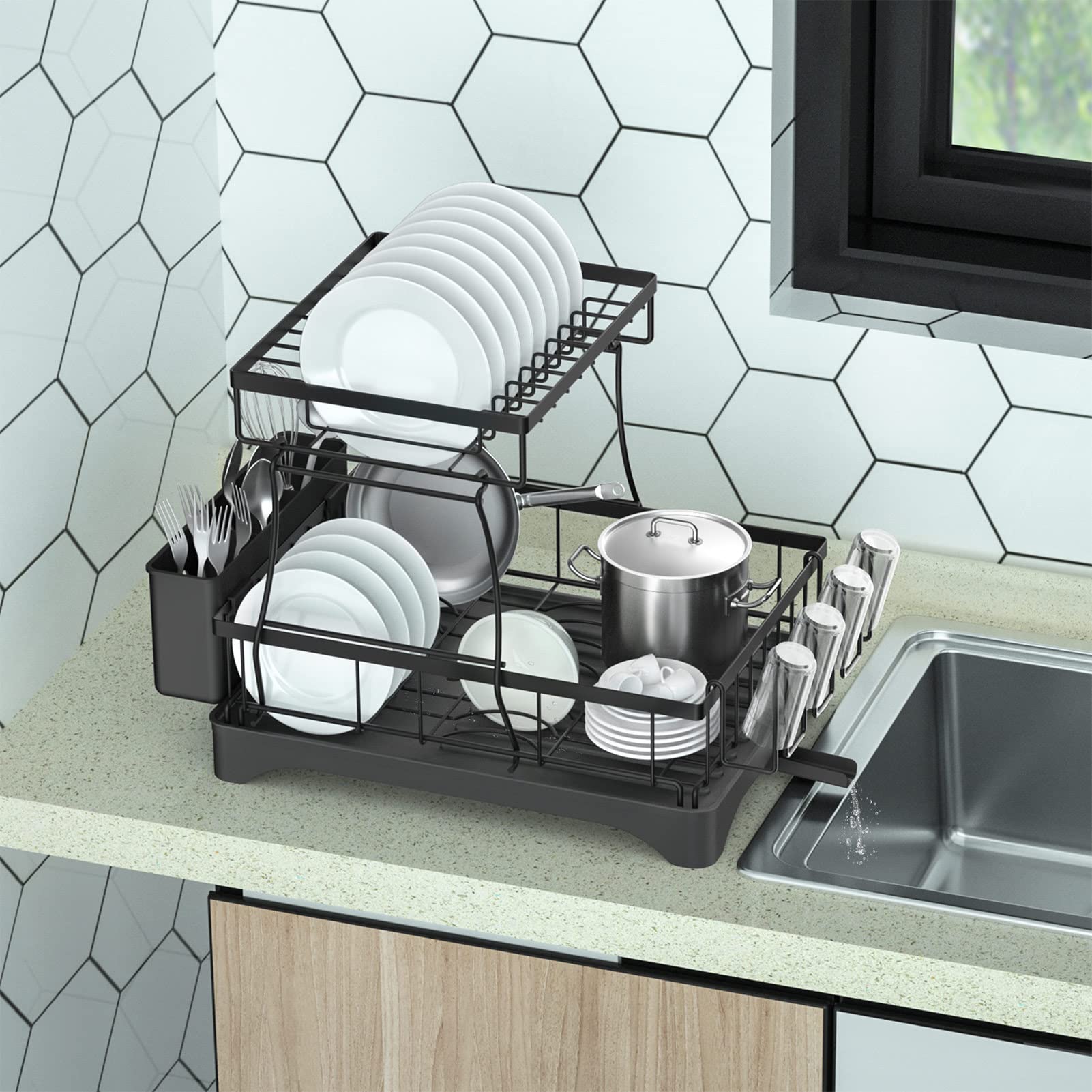 2 Tier Dish Drying Rack for Kitchen Counter, Aredy Black Stainless