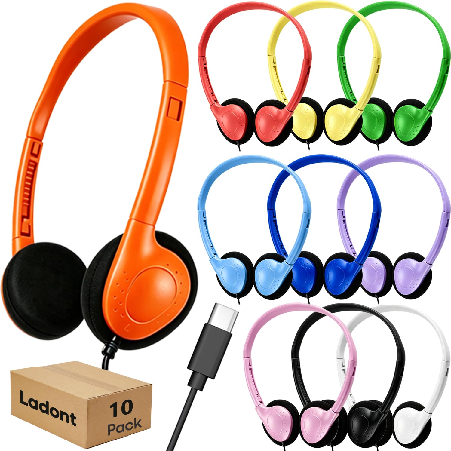 Confezione da 10 cuffie per bambini di tipo C, con cavo USB C, per scuola, scuola e studenti all'ingrosso, per Chromebook e PC, colori misti