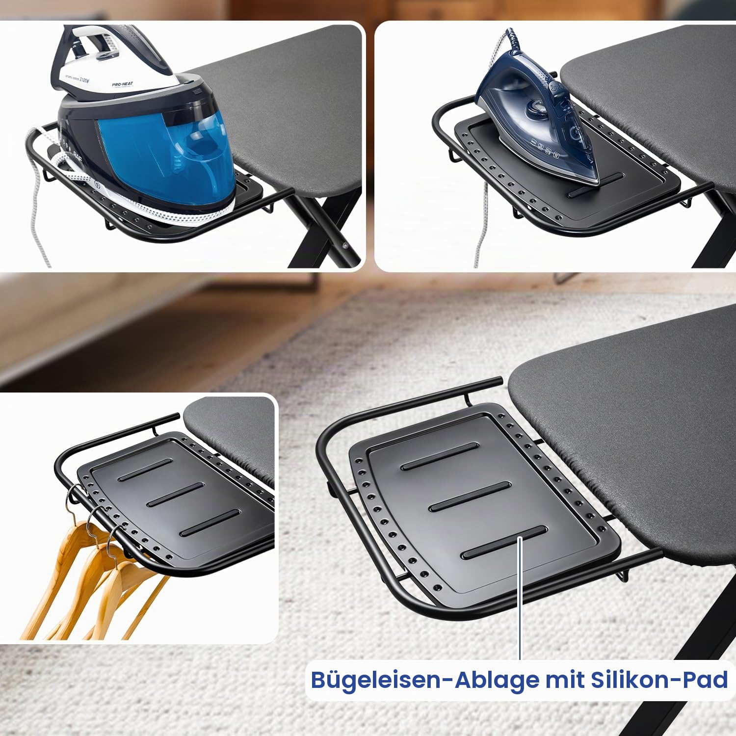 Duwee Extra großes breites Bügelbrett, Deluxe Bügelbretter für Dampfbügeleisen, robustes Bügelbrett mit verstellbarer Höhe, stabile Beine, schwarz, 117 x 46 cm