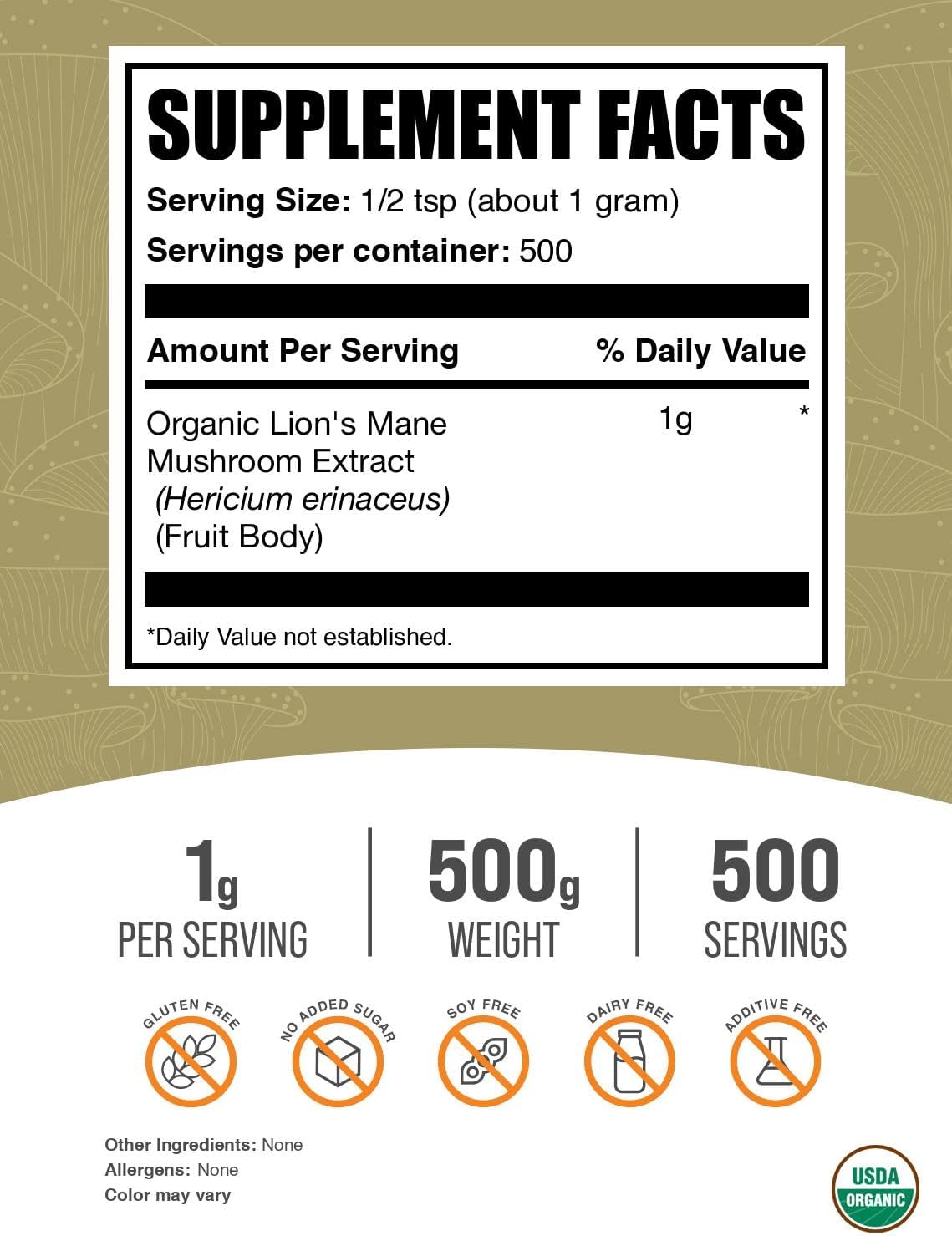 BulkSupplements.com Organic Lion's Mane Mushroom Extract Powder - Mushroom Supplement, Brain Supplement for Memory and Focus Support - Vegan, 1g per Serving, 500g (1.1 lbs) (Pack of 1)