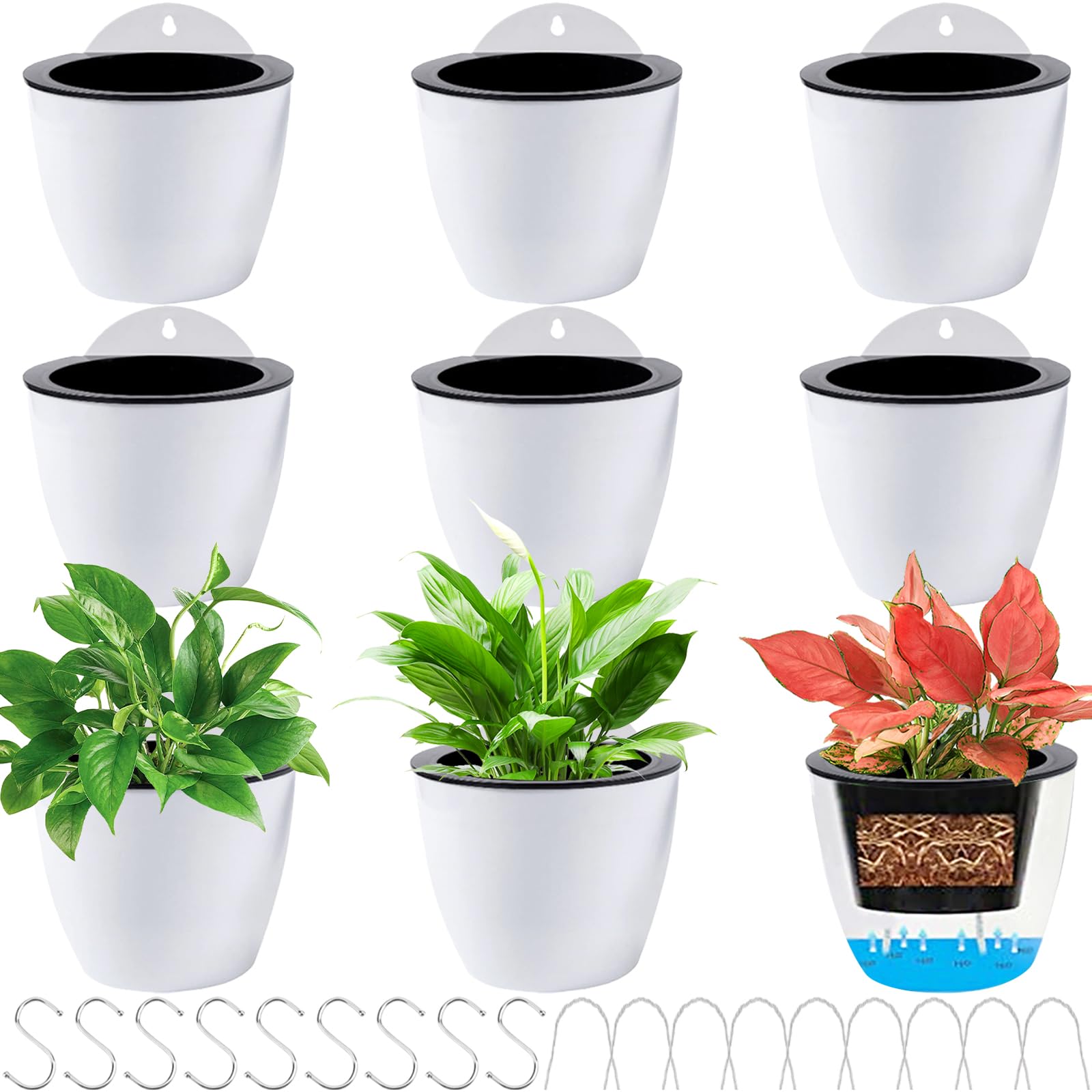 Jucoan 9 Stück Selbstbewässernder Hänge Übertopf Lazy Blumentopf Hängende Blumentöpfe aus Kunststoff mit 9 Haken Hängetöpfe für Pflanzen Blumen Hängetopf Pflanztopf für Balkon Garten Zäun Garten