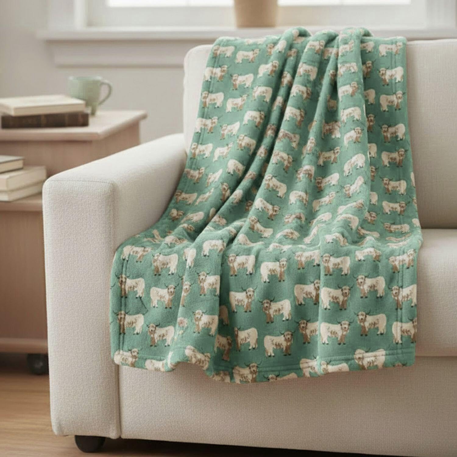 COUNTRY CLUB Highland Cow Blanket/Throw For Sofa Chair Bed Green 120x150cm