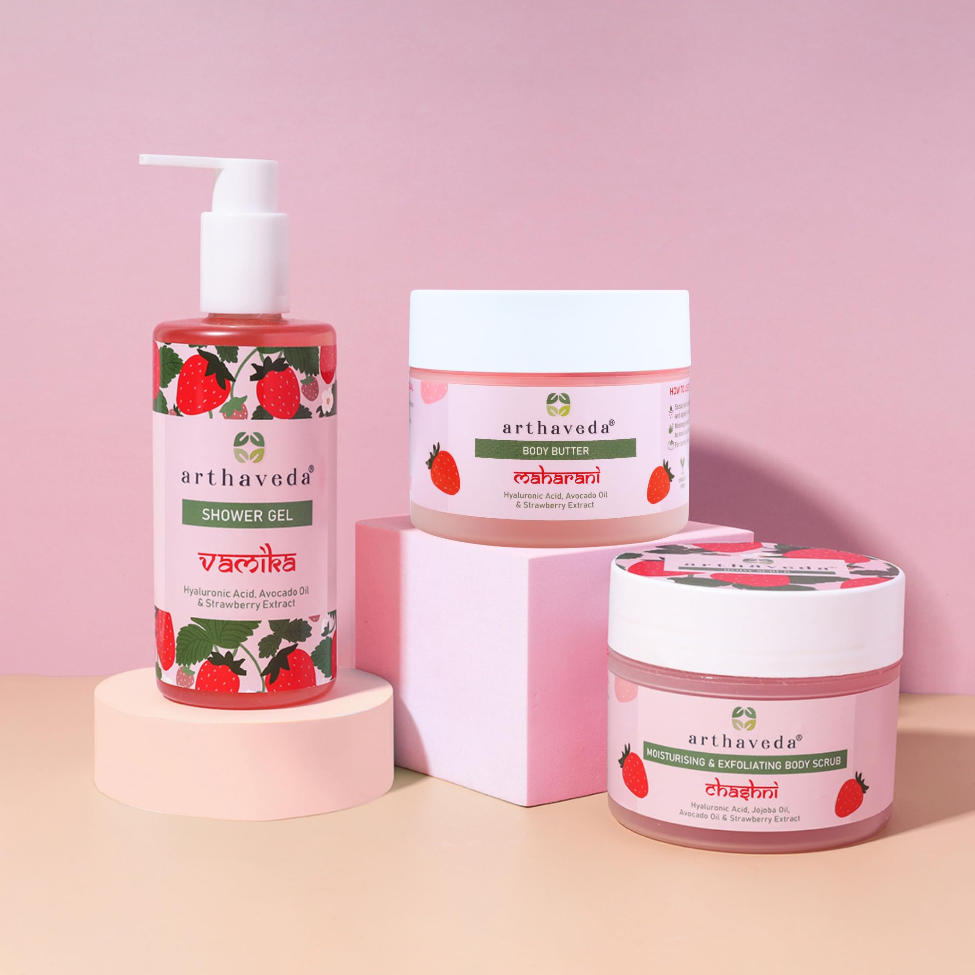 Arthaveda Strawberry Nourishment Trio | Shower Gel | Body Butter | Body Scrub | Hydrating & Nourishing Skincare Combo | Perfect Cost-Friendly Gift For All Occasions – Birthdays, Anniversaries, Festivals & More | Unisex | Premium Gift Packaging | Pack of 3-image-5