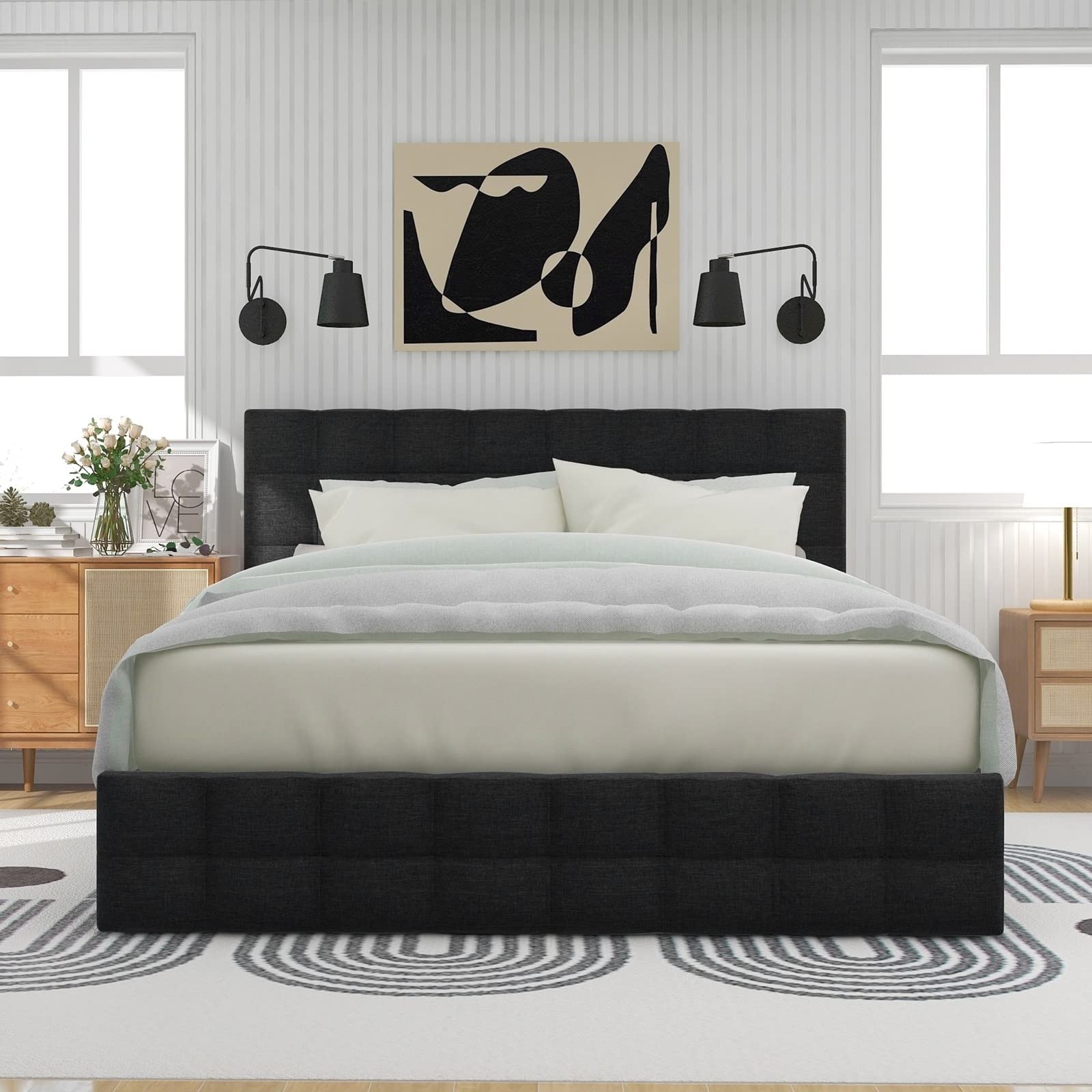 AMDXD Polsterbett mit 4 Schubladen & Federkernmatratze, Doppelbett mit Lattenrost, Stauraum Bett, höhenverstellbares Kopfteil Metalllattenstütze, Leinenmaterial 140 x 200 cm, Schwarz
