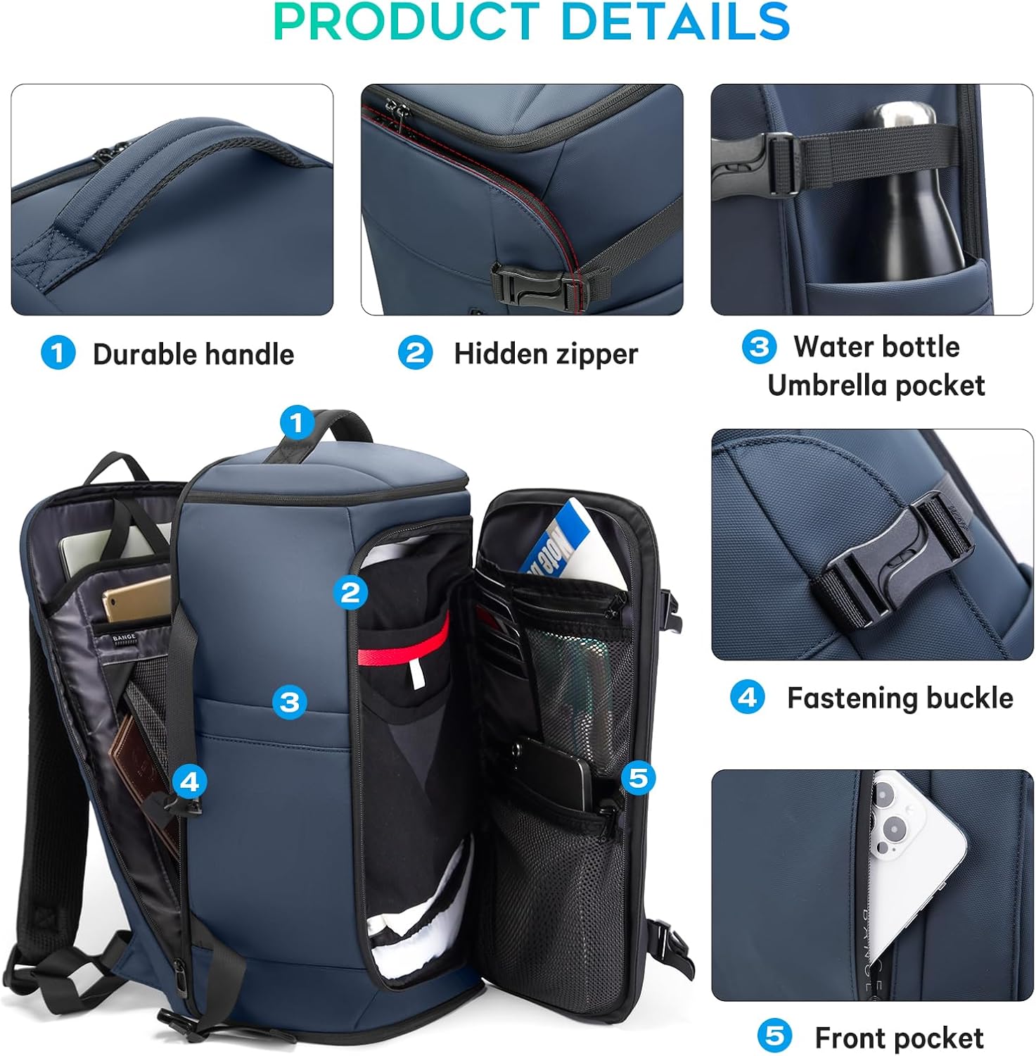 BANGE Travel Backpack with Shoe Compartment, 40L Large Capacity Back Pack, Men's Weekender Daypack Fits 17.3 Inch Laptop, Carry On Travel Backpack with Water Bottle Holder for Men and Women - Image 4