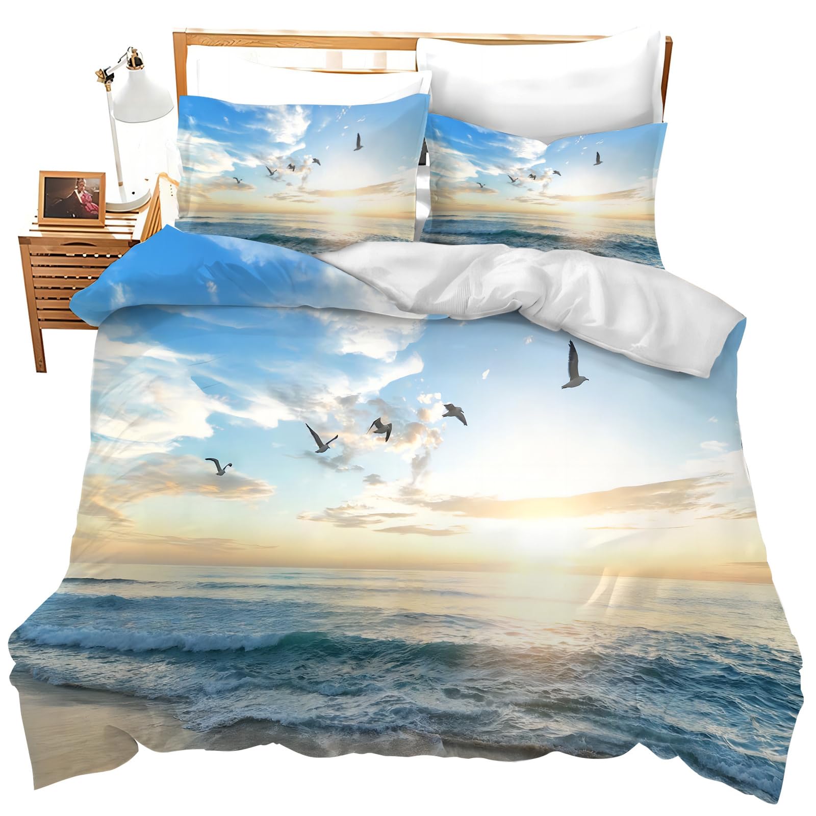jamie world Beach Ocean Bedding Set Twin Full Queen King Size Coastal Bird Duvet Comforter Cover Sunrise Flower Cozy Quilt Cover Decorative Soft Bed