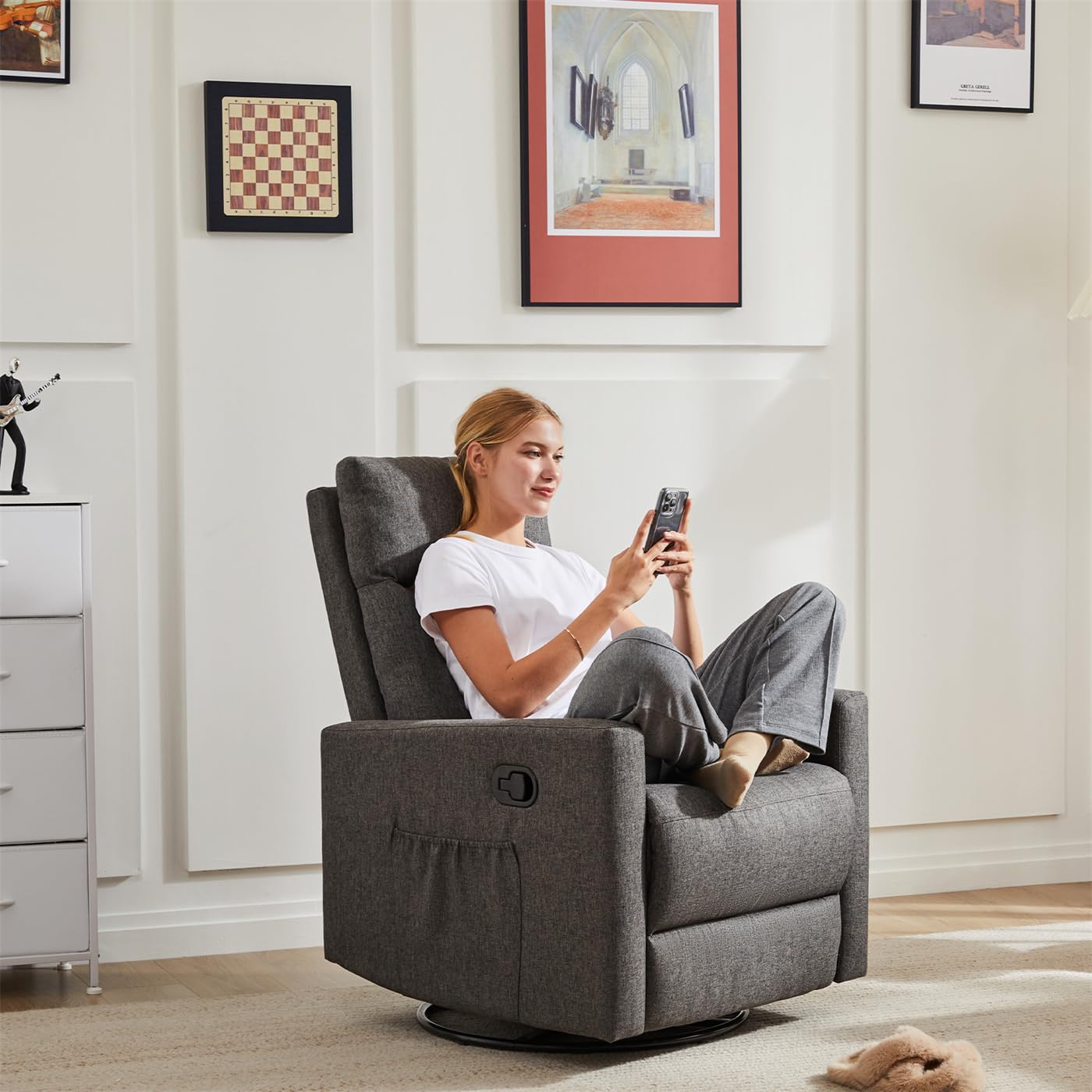 Swivel Recliner Chair, Glider Rocker Recliner Nursery Massage Chair with Extra Large Footrest, High Back, Upholstered Deep Seat for Living Room Office,Grey