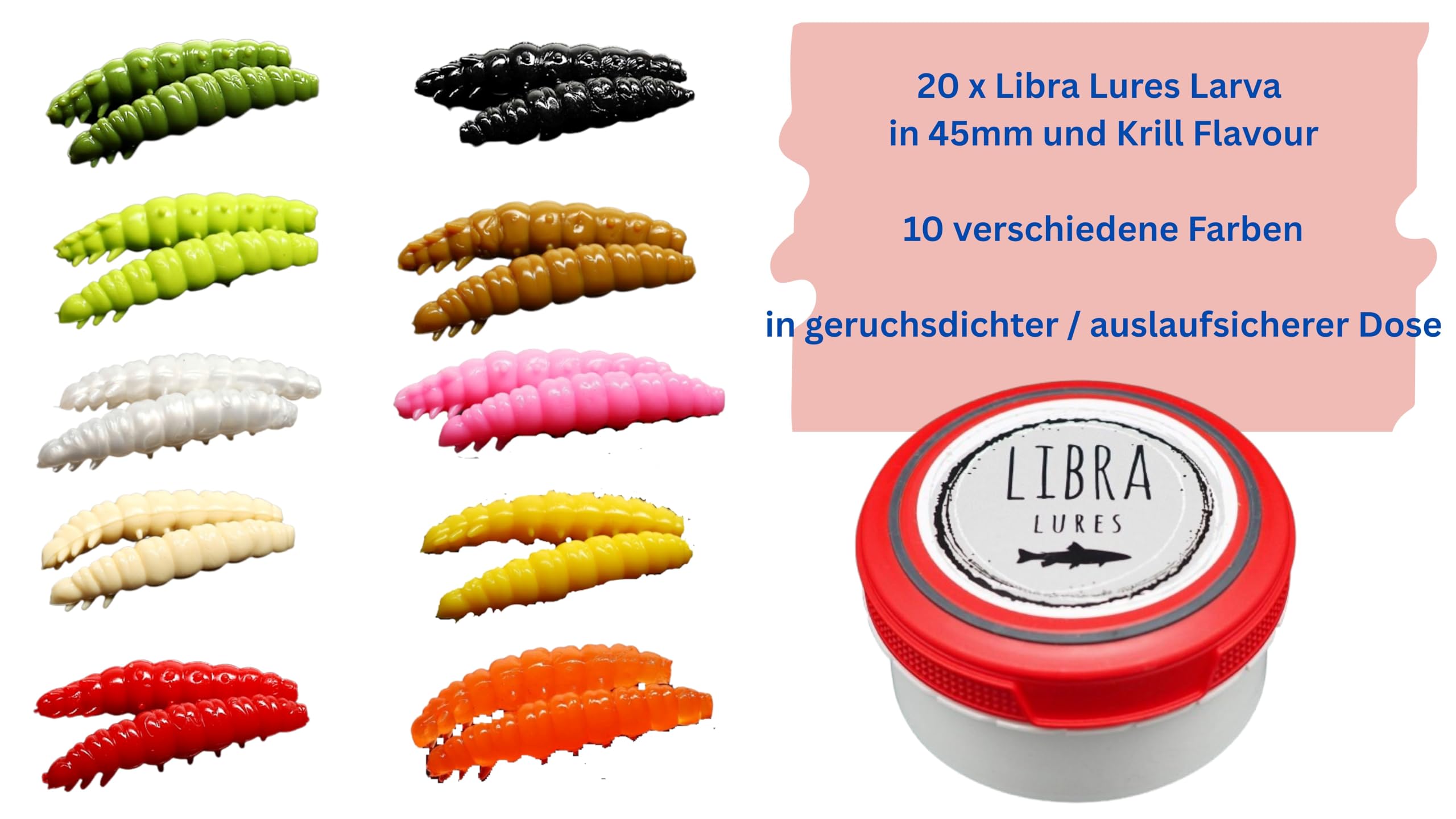 Libra Lures Larva 45mm Starter-Set – 20x Forellenköder Softbaits in 10 Farben mit Krill-Aroma – Libra Lures Starter Box Probierbox Larva + geruchsfeste Dose | Gummiköder Forelle Angelköder