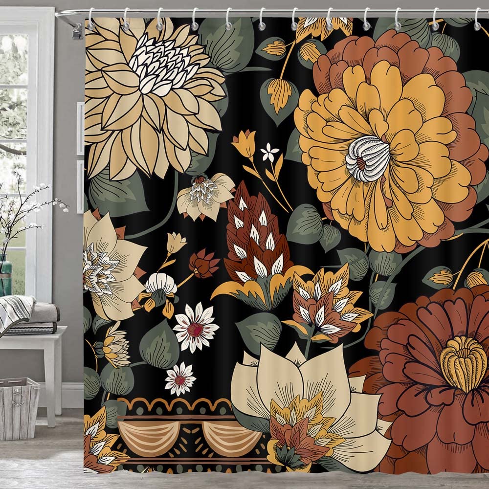 Torich Bohemian Floral Botanical Shower Curtain, Abstract Mid Century Morden Boho Flowers Tropical Leaves Bathroom Curtain, Waterproof Fabric Bathroom