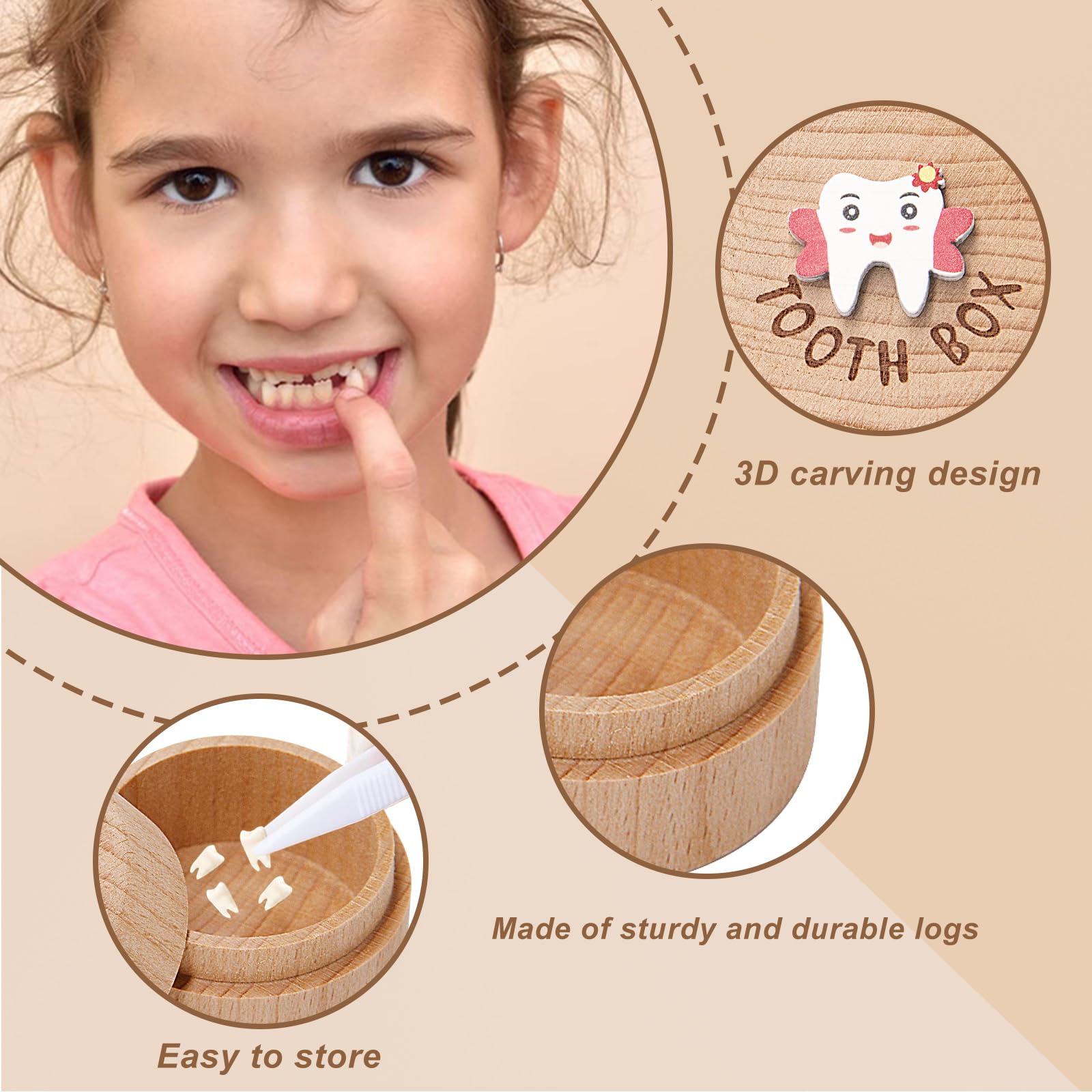 STSAIL Tooth Fairy Box 3D Carved Tooth Fairy Tooth Holder, Baby Tooth Box for Lost Tooth Wooden Tooth Keepsake Box, Tooth Holder for Kids Teeth With Tooth Fairy Bag Storage Toddler Tooth Box Gift - Image 3