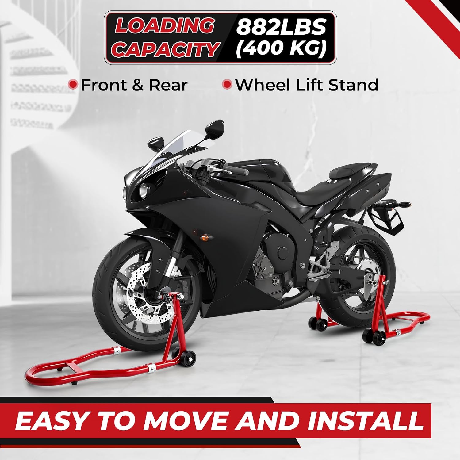 Universal Motorcycle Stands,882 lbs 400 kg Load Capacity Lift with U + L Fork Swingarm Spool, Heavy Duty Rear Wheel Stand Motorcycle Lift Jack Stand, fit for BMW, Suzuki, Yamaha, Honda, Kawasaki, Red