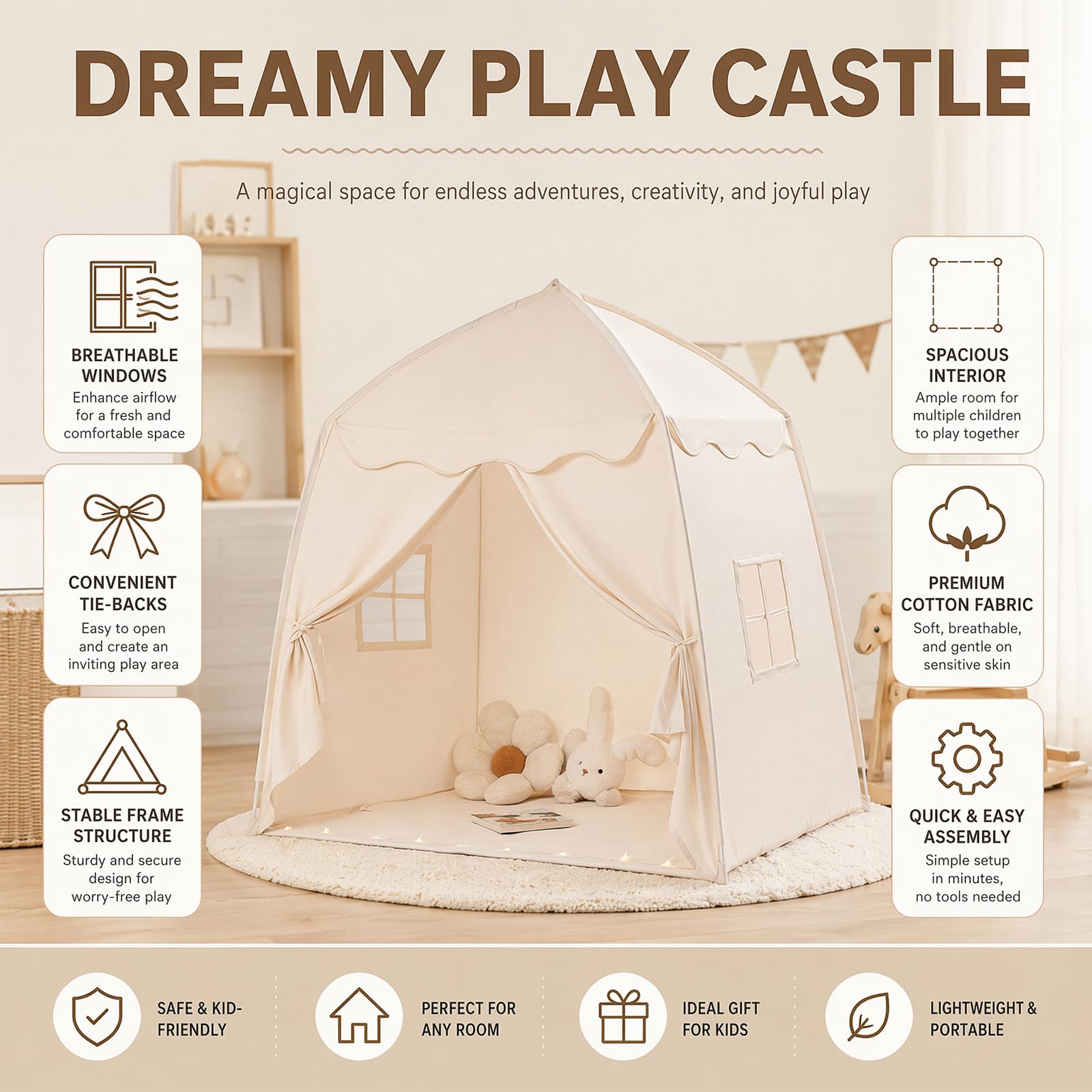 Kinderzelt Indoor Spielhaus Kinder Tipi Zelt für Kinder - Großes Spielzelt Kinder Indoor mit Lichterkette, Faltbar Kinderzelt für Kinderzimmer Oder Garten 150x100x150 cm (Beige)