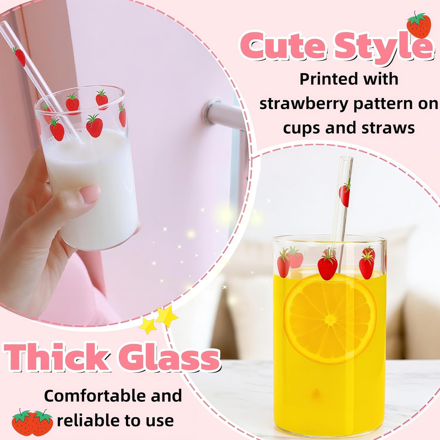 4 Sets Glass Cups, 10 Oz/300ml Cute Strawberry Cups with 4 Straws, Clear Thick Glass Tumbler Ice Coffee Cup, Lovely Girls Glasses Bottles Aesthetic for Juice, Milk, Tea, Christmas Gift - Image 5