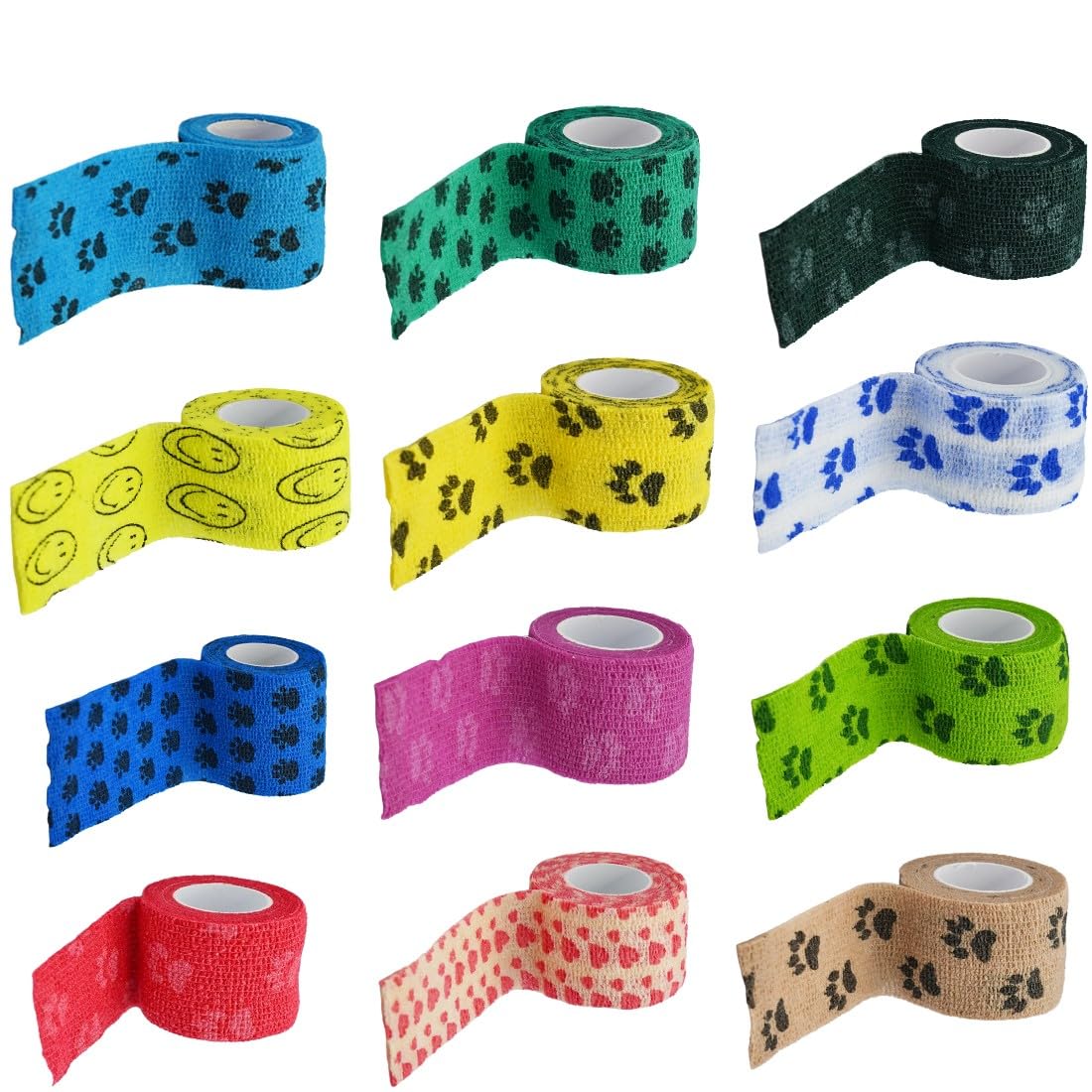12 Rotoli Pet Vet Wrap Benda Elastica Coesiva 2.5cm x4.5m Bendaggio Adesiva Autoadesiva Benda per Animali Domestici Nastro Bendaggio Sportivo Non Tessuto Fasciatura Coesive Nastro Elastico