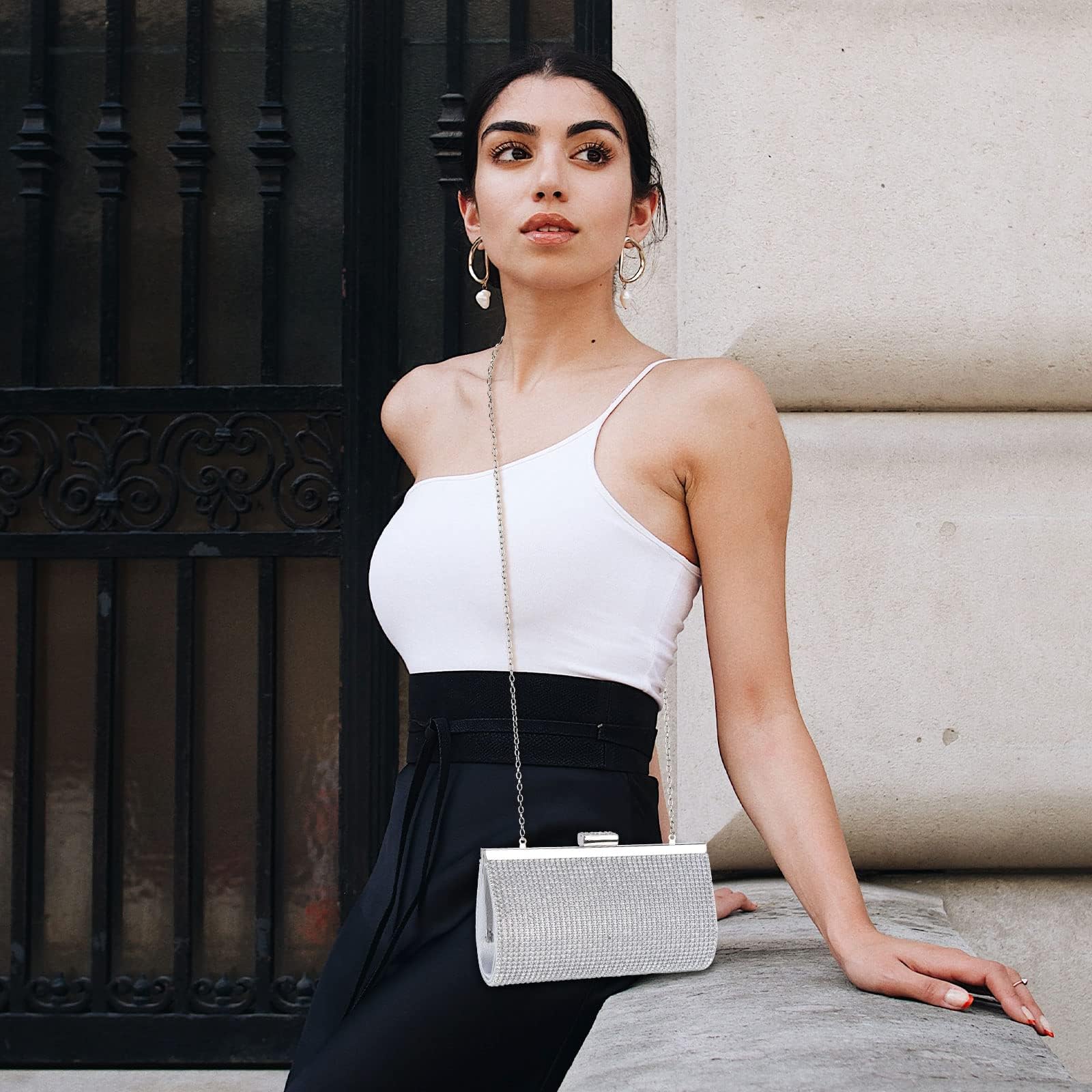 BAIGIO Pochette Donna Elegante Argento Strass Clutch Cerimonia Borsetta da Sera per Matrimonio Party Cocktail