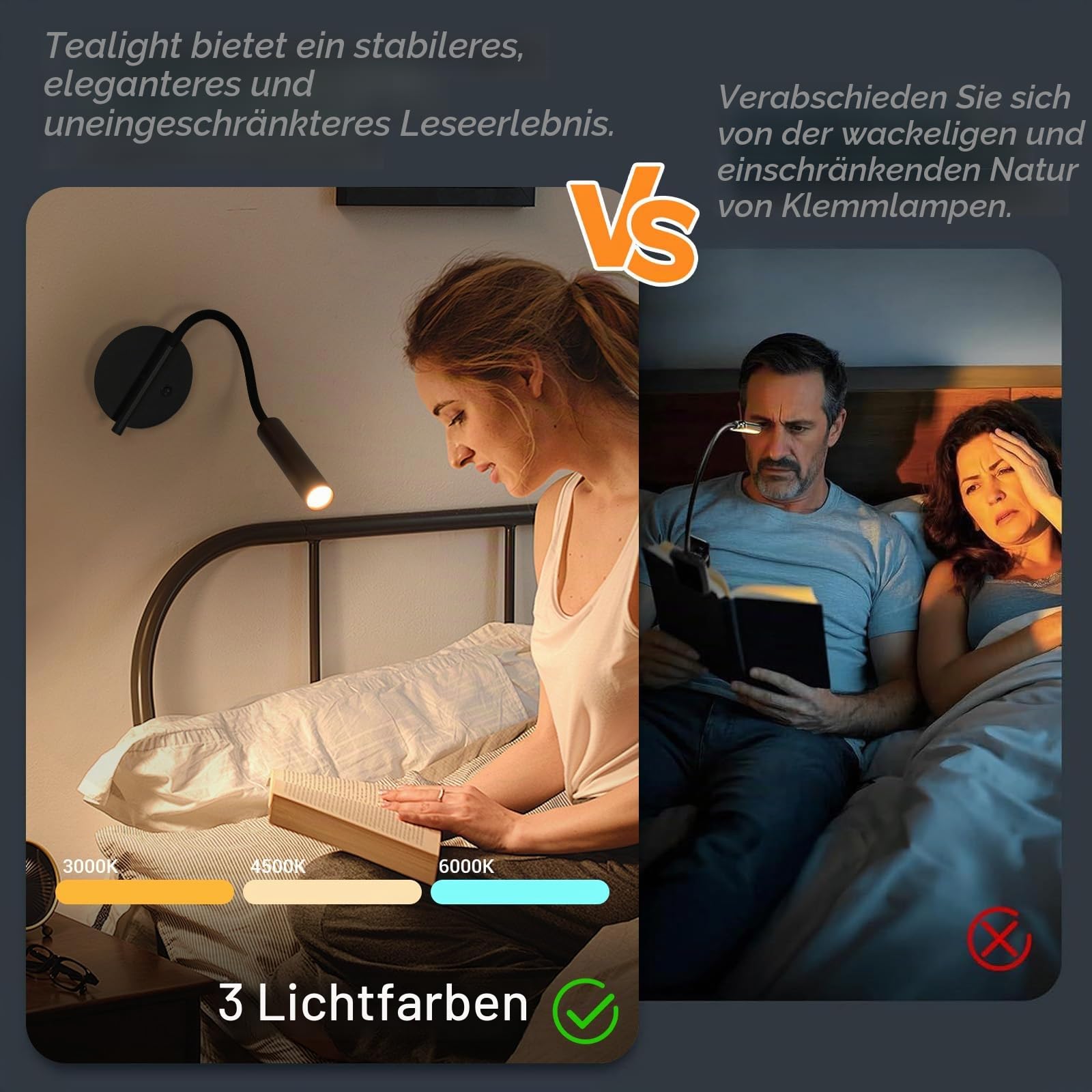 2 Stücke Leselampe Wandmontage, 3 Warmweiß Kaltweiß Neutralweiß | 360° Schwenkbar LED Wandleuchte Innen, Leselampe Wand, für Nachttisch,Café, Mit Schalter