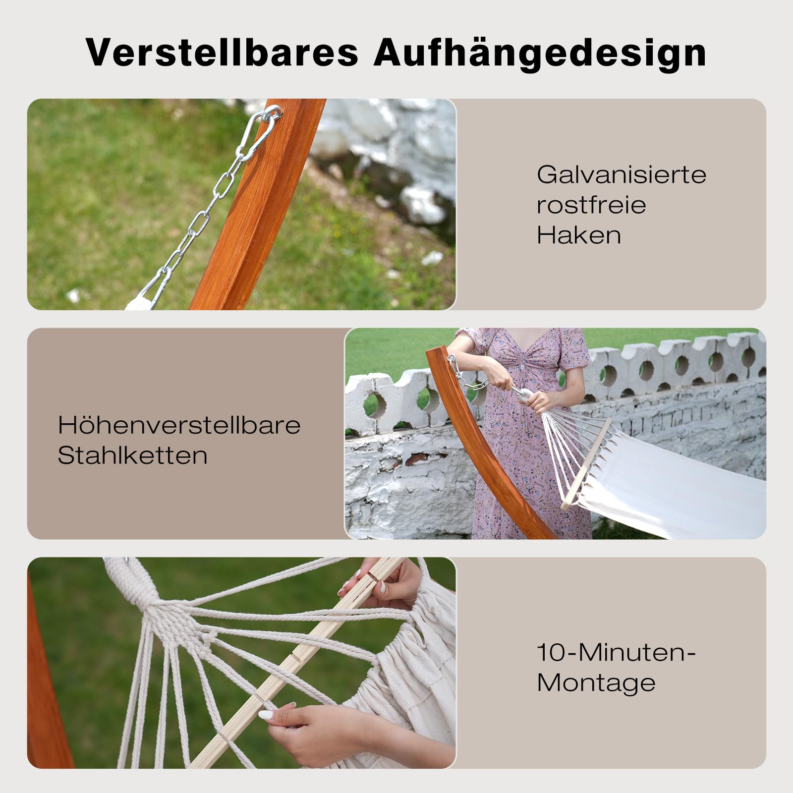 Hängematte mit Gestell, Mit 2 Hängematte, 200kg Belastbarkeit, Maße: 320x120x120 cm, Stabilem Bogengestell aus Massivkiefernholz, Für Garten, Terrasse und Balkon