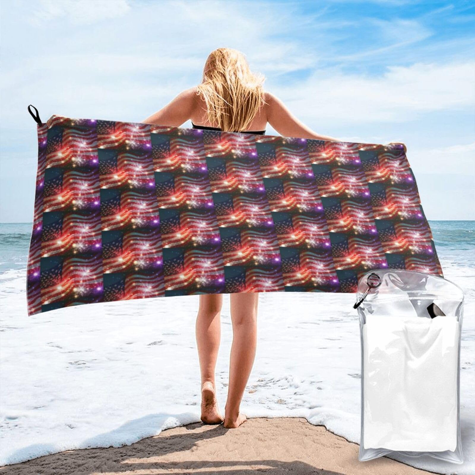 FHIZOAL Fireworks American Flag Quick Dry Towel Microfibre Towel Super Absorbent Ultra Compact Gym Sports Beach Camping Travel