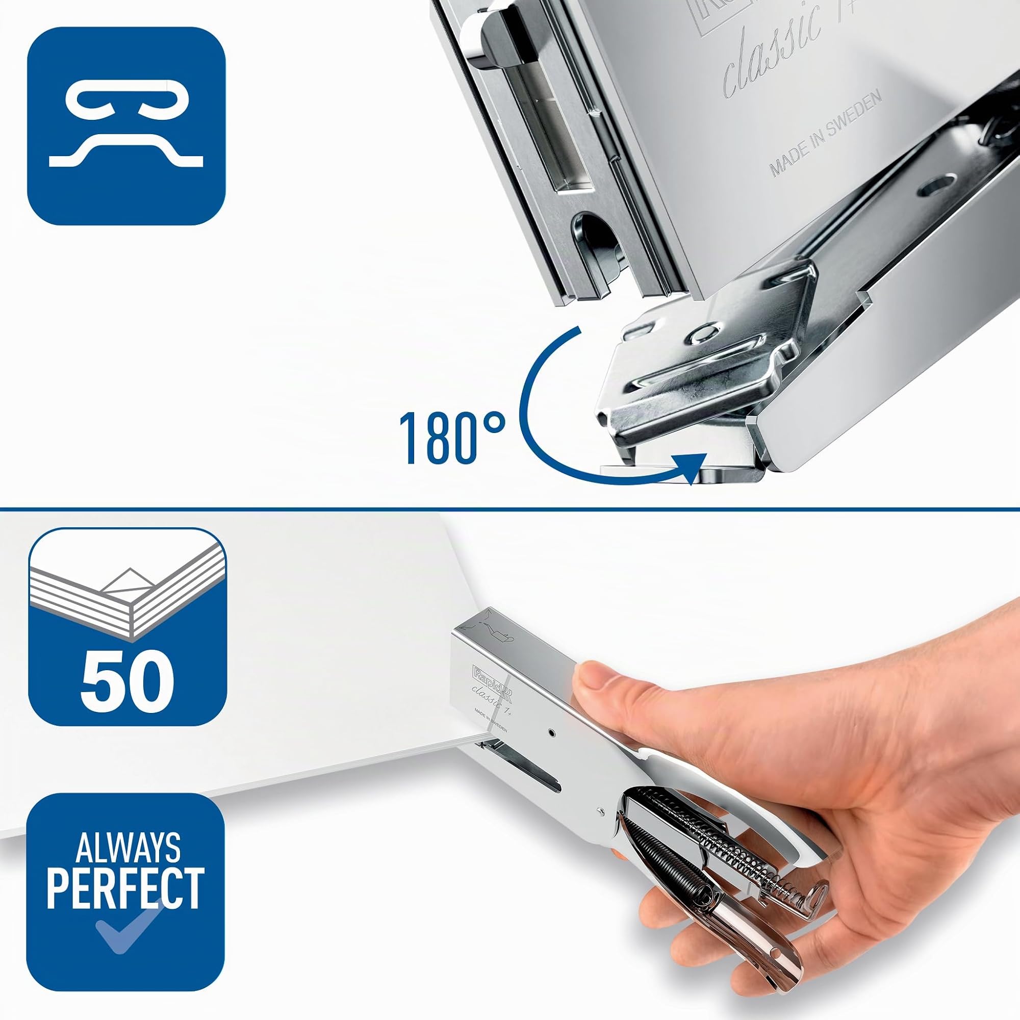 Rapid Pince-Agrafeuse Classic K1, Pour Agrafes 24/6 et 24/8mm, Capacité 50 Feuilles, Métal, Chrome, 10510601