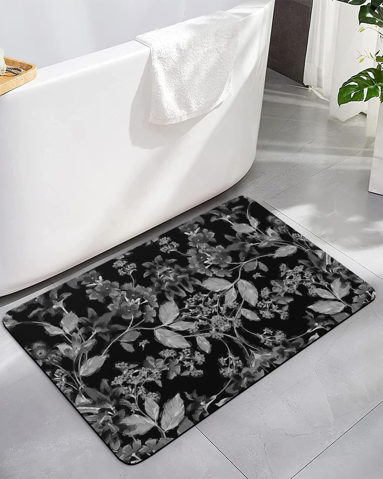 Amazon.com: Black White Flower Bath Rugs for Bathroom Non Slip  