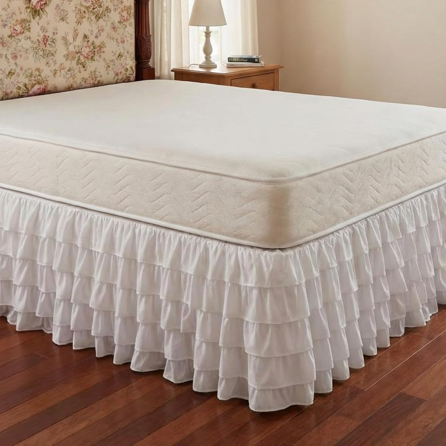 Multi Ruffled Bed Skirt Queen Size 15 Inch Drop Dorm Room Bed Skirt White Microfiber Dust Ruffle for College Dorm