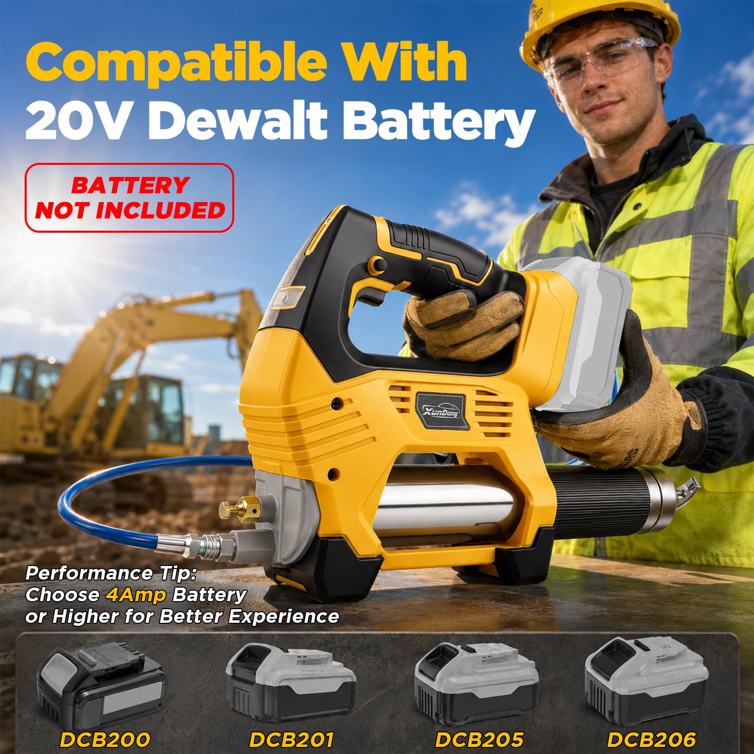 Pistola de grasa inalámbrica compatible con batería DeWalt de 20 V, 12000 PSI de alta presión, agarre en línea con una sola mano, manguera de 39.4 pulgadas y 4 acopladores, pistola de grasa