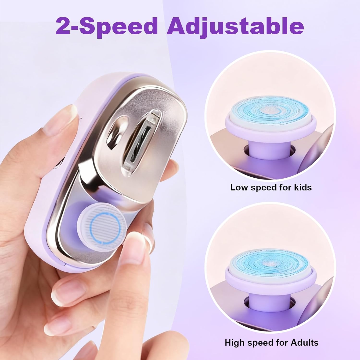 Electric Nail Clipper, 2 in 1 Electric Nail Clippers for Seniors and Adults, Baby Automatic Nail Clipper with Polishing, Light & Storage, Smart Nail Clipper 2-Speed for Fingernail (Purple)