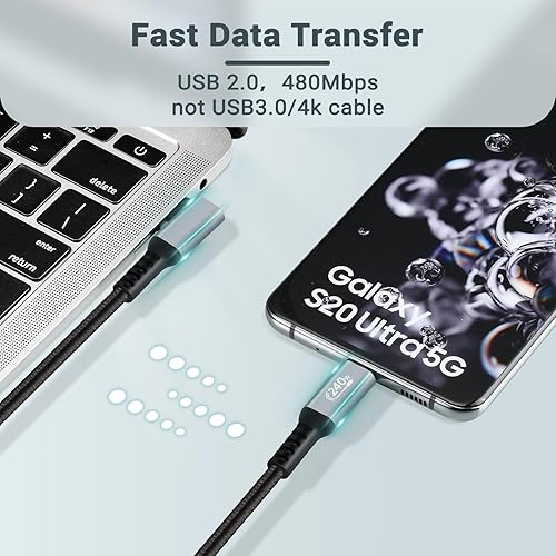 Miniatura 5 de Cable USB C de 90 grados (paquete de 2, 240 W, 3 pies), cable tipo C a tipo C, cable de carga rápida PD 3.1 en ángulo hacia arriba hacia abajo
