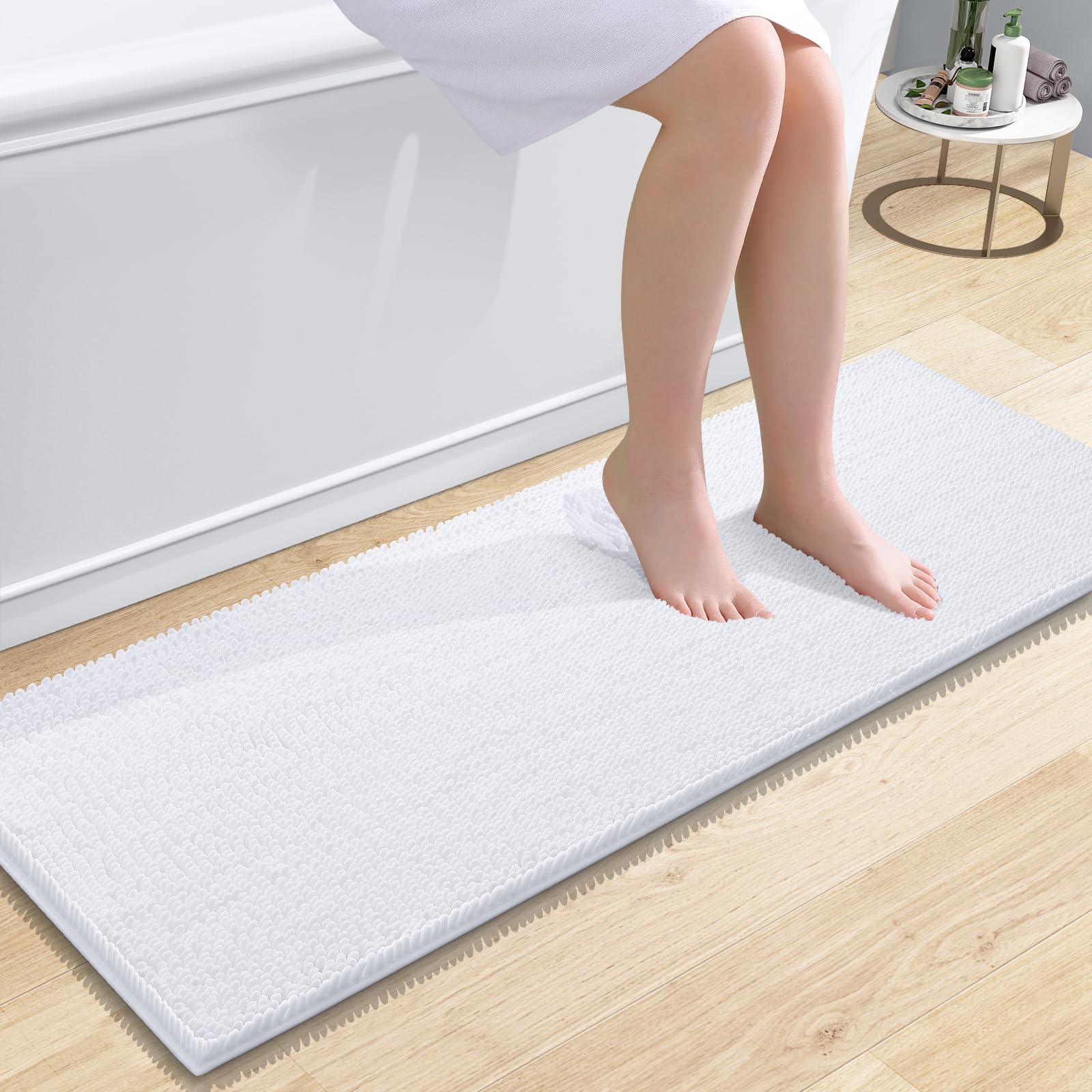 smiry Chenille Bath Mat, 40 x 120 cm, Non-Slip Super Absorbent Bathroom Mat Extra Soft Fluffy Bath Mats for Bathroom Thick Machine Washable Floor Mats Rugs Runner, WhiteOEKO-TEX STANDARD 100