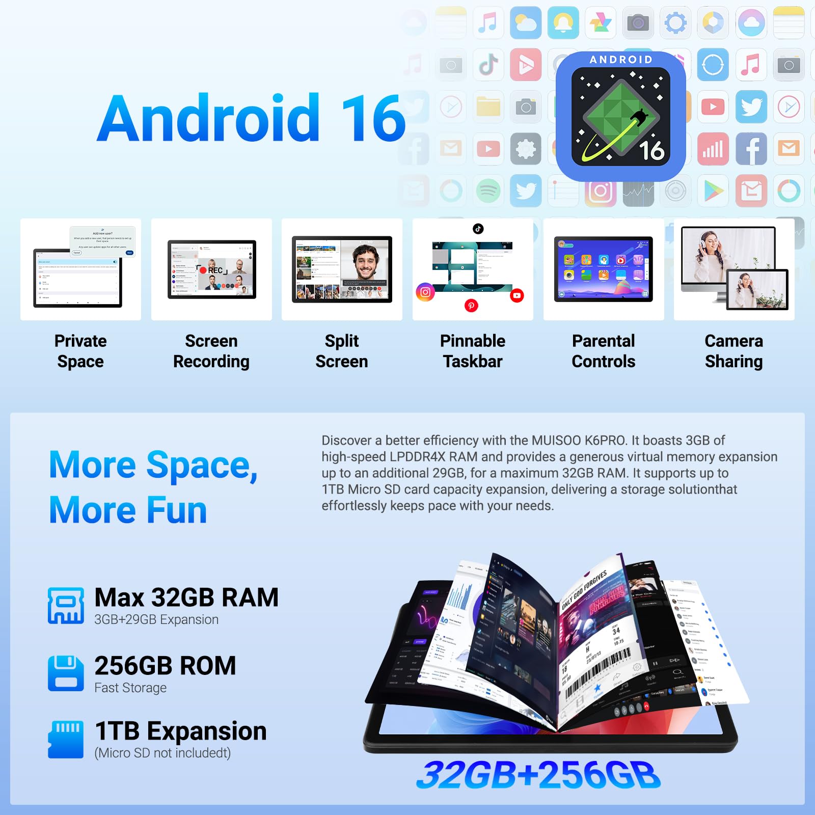 11 Pouces Tablette Android 16, 32Go RAM 256Go ROM (1To TF Extensible), 7800 mAh, écran HD 1280 * 800, Widevine L1, WiFi 6 et BT5.4, Doubles Caméra Android Tablettes Pad, Noir