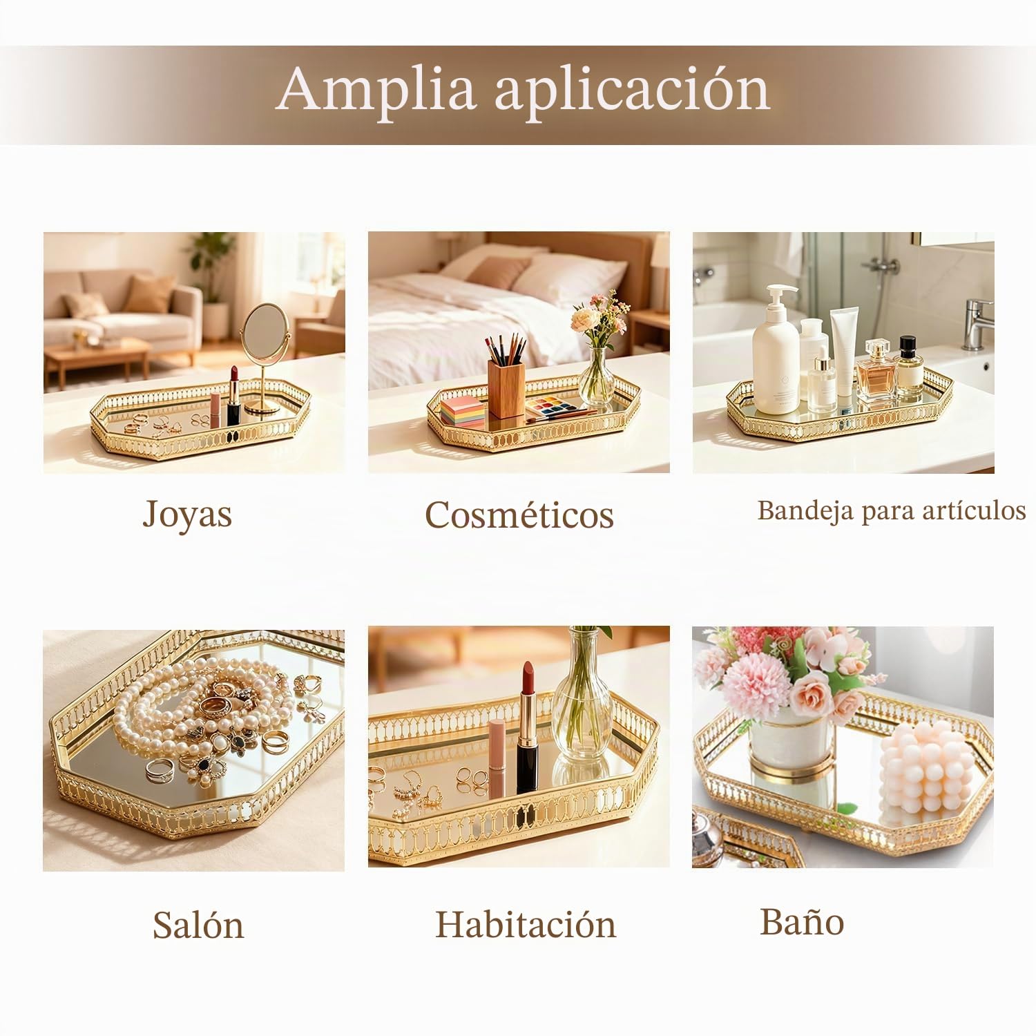 Bandeja Decorativa con Espejo de Dorado, Geométrica Plato Decorativo para Servir Organizador de Perfume de Maquillaje para Tocador, Encimera de Baño