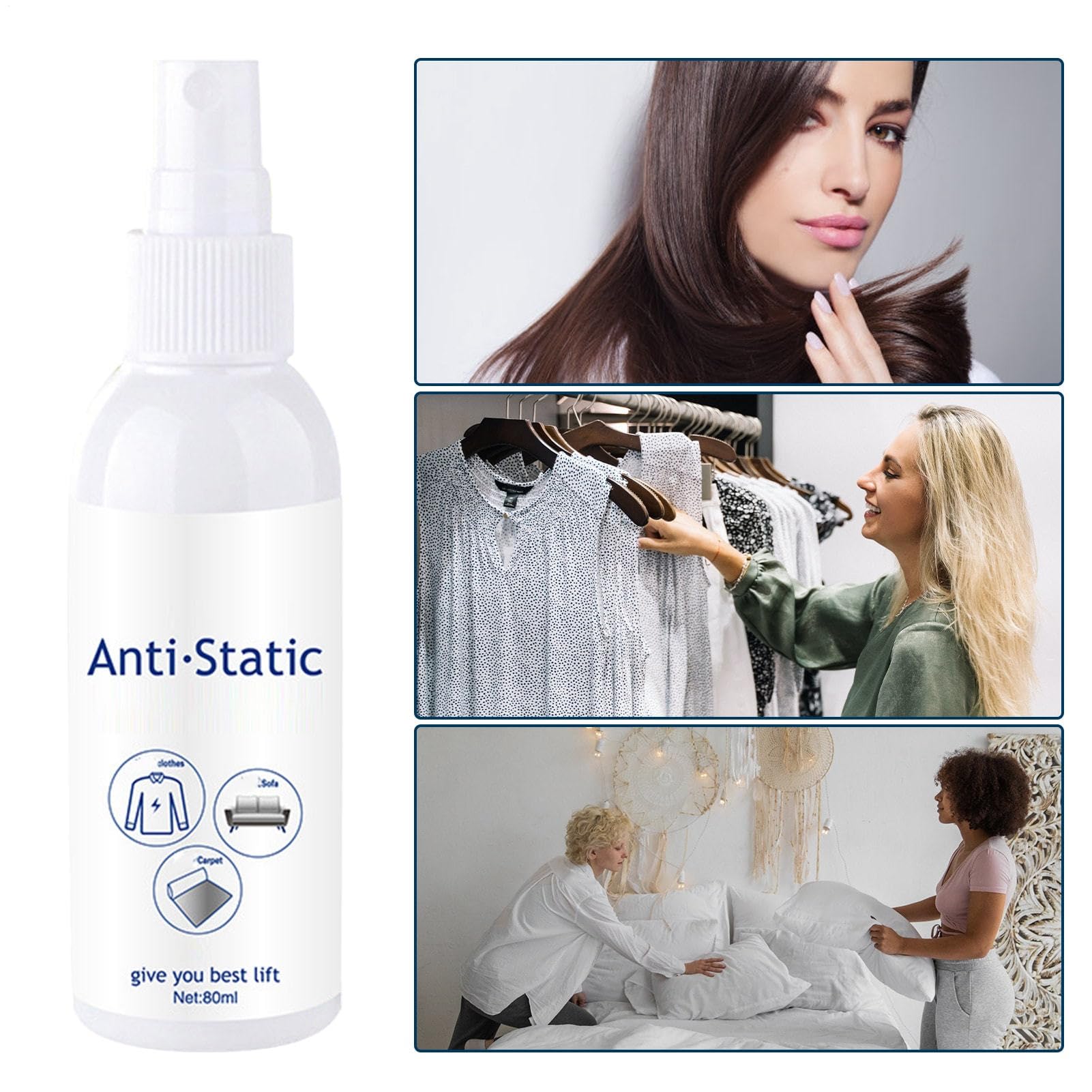 Spray Antystatyczny,Odświeżacz Tkanin 80ml Spray Antystatyczny - Natychmiastowy Długotrwały Płyn do Tkanin Antyprzylepny Środek do Prania dla Ubrań i Dywanów