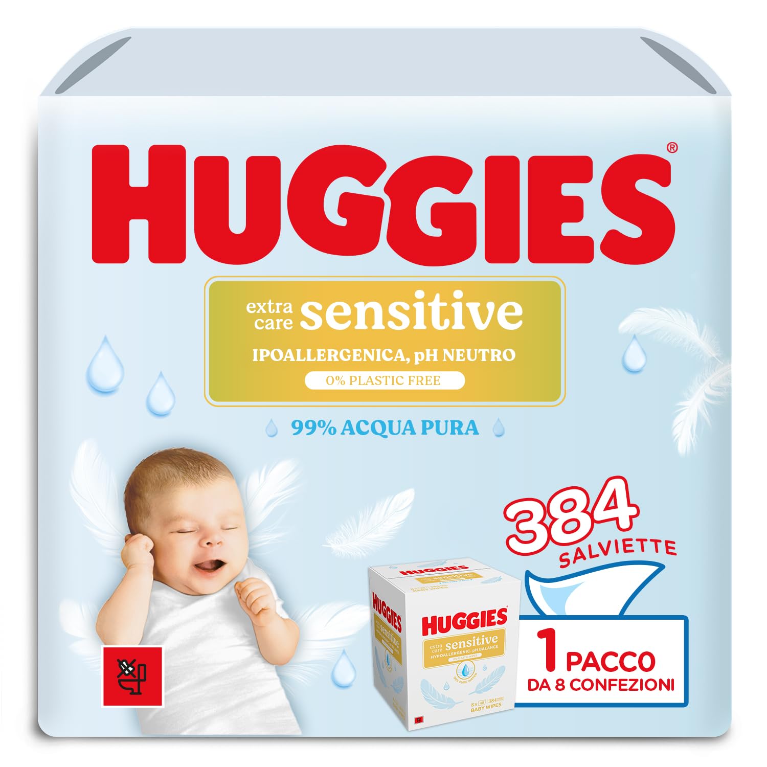 Huggies Extra Care Sensitive, Salviette neonato per pelli sensibili, 99% Acqua pura, 100% Plastic-free, Senza parabeni e alcool, 384 Pz (8 confezioni x 48 salviette)