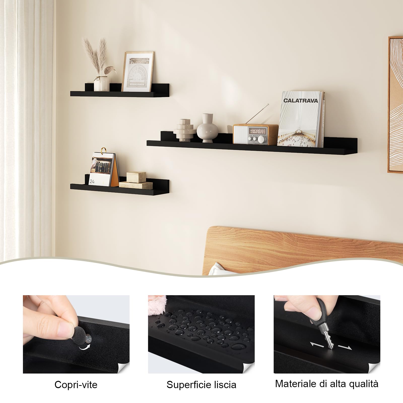 WOLTU Mensole da Muro Design Set di 3, Scaffale Galleggiante con Bordo, Decorazione Parete per Soggiorno Ufficio Camera da Letto Cucina, Nero