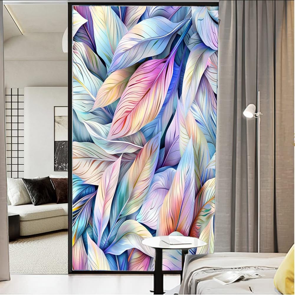 Colorful Leaves Window Film Privacy Abstract Nature Plants Decorative Stained Glass Decal for Home, Adhesive Window Sticker 35.4Wx63L inch