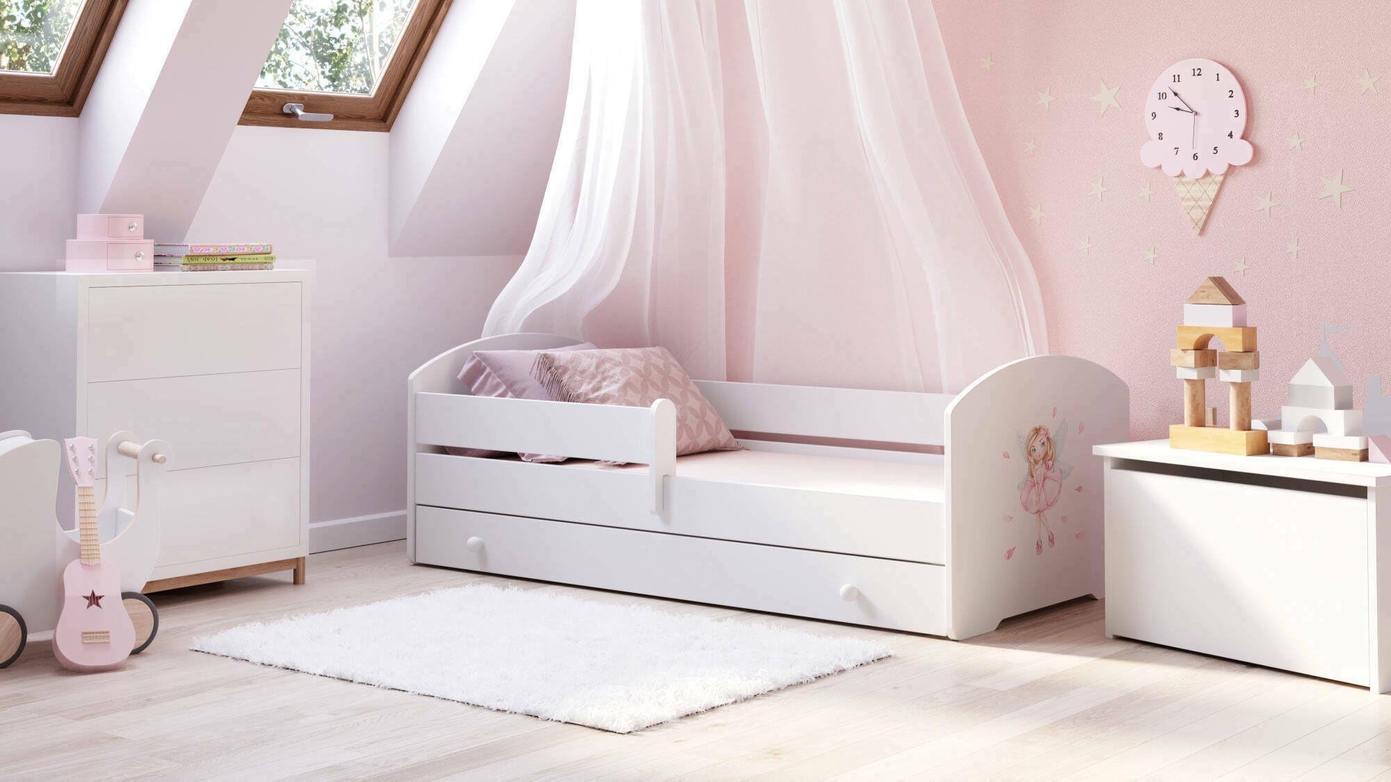 Dmora Letto per Bambini Opole, Lettino per cameretta, Set Camera da Letto, Struttura Porta Materasso, 85x164 h63 cm, Bianco con Fatina